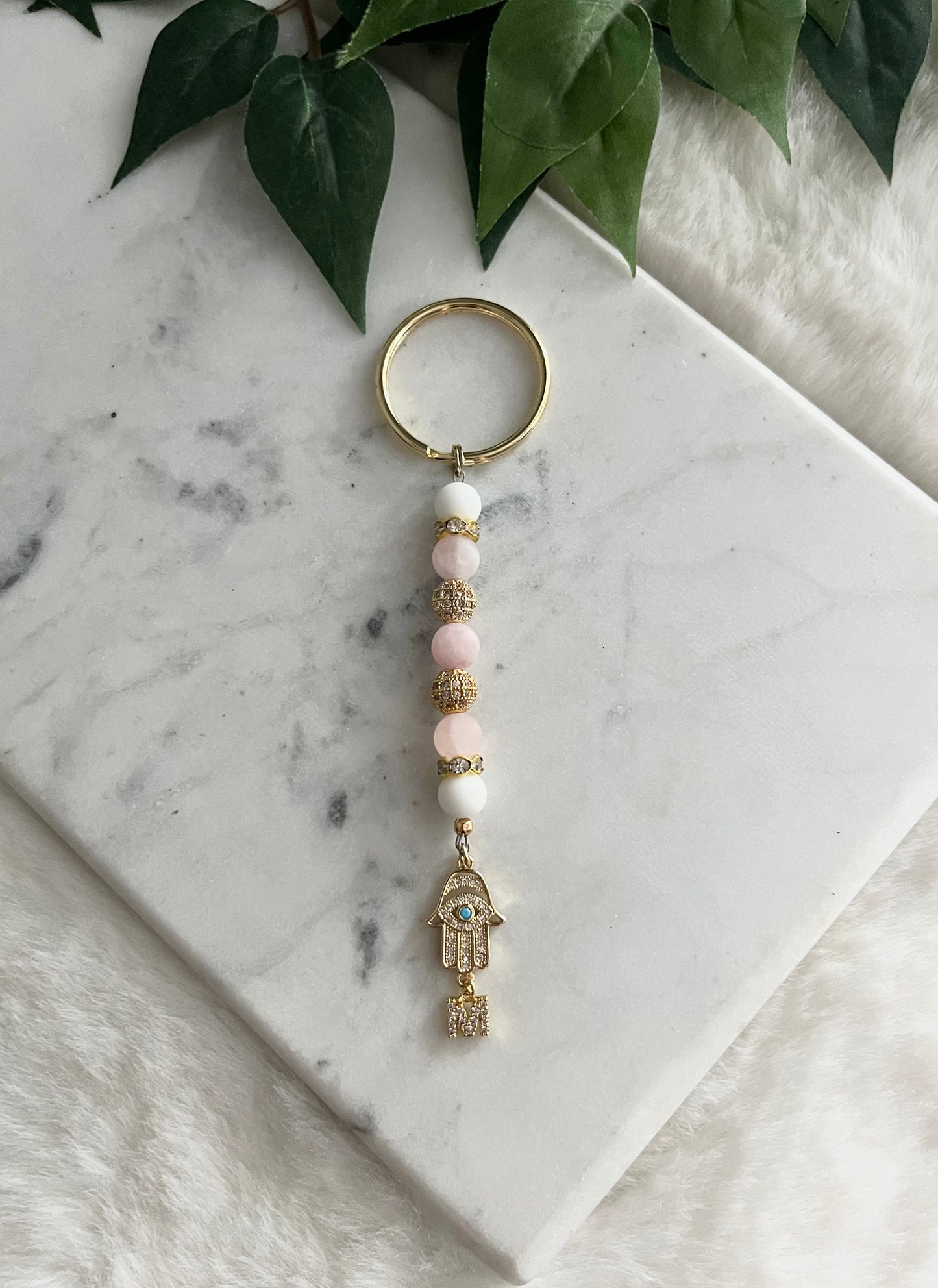 Matte White & Rose Quartz - Hamsa Hand & Letter Keychain