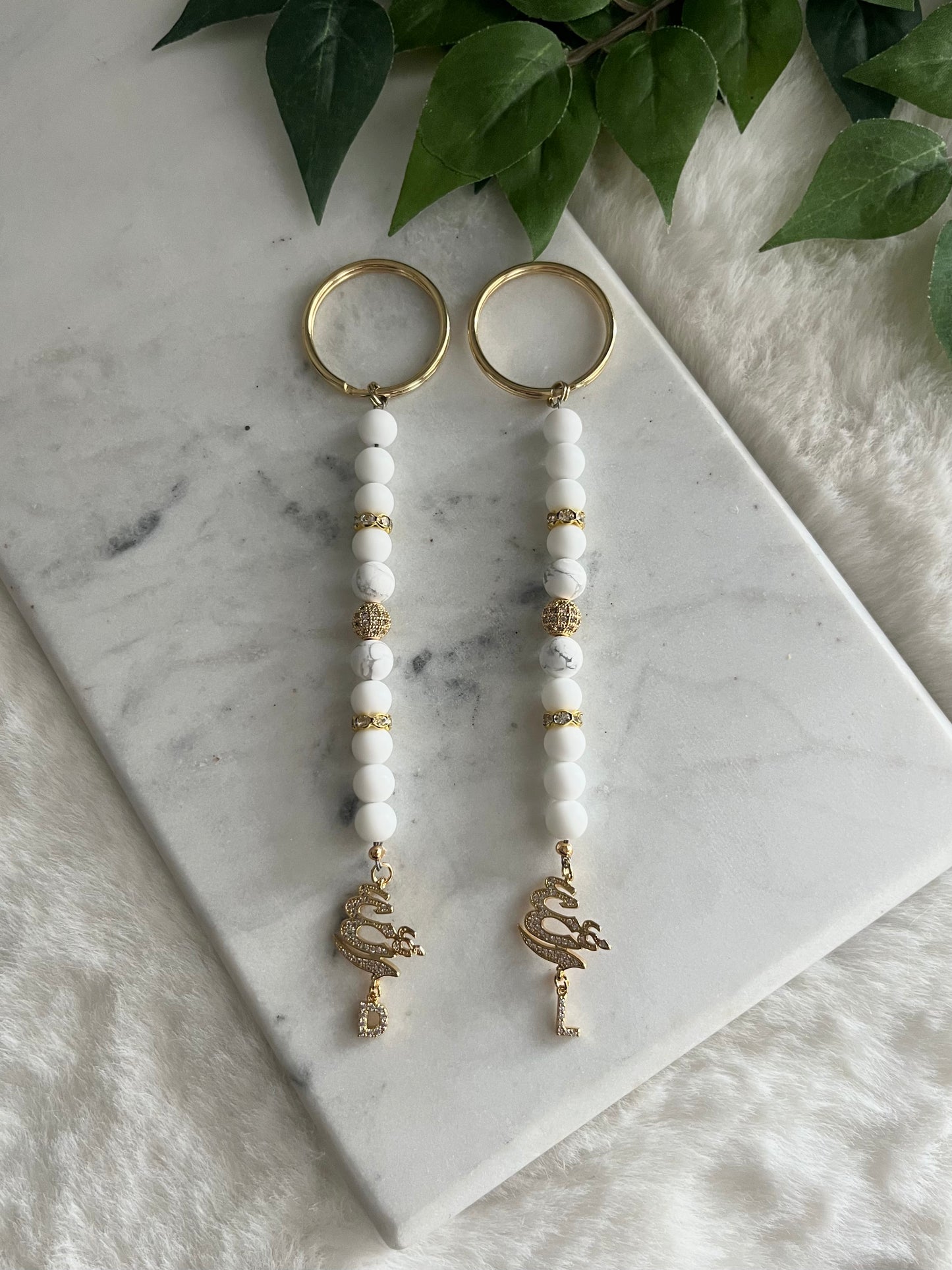 Set Of 2 - Matte White & Howlite - Allah charm & Letter Keychain