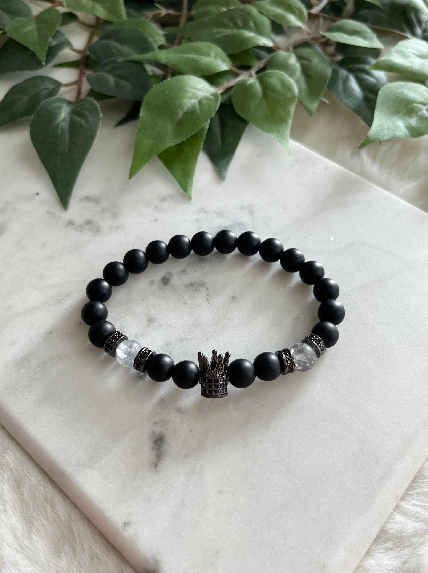 Matte Black & Grey Crackle Tall King Crown Bracelet