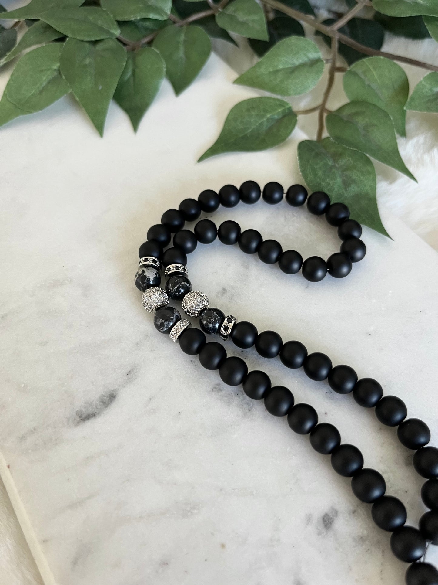 Tasbih - 50 Beads - Matte Black & Jasper - Allah Pendant & Letter