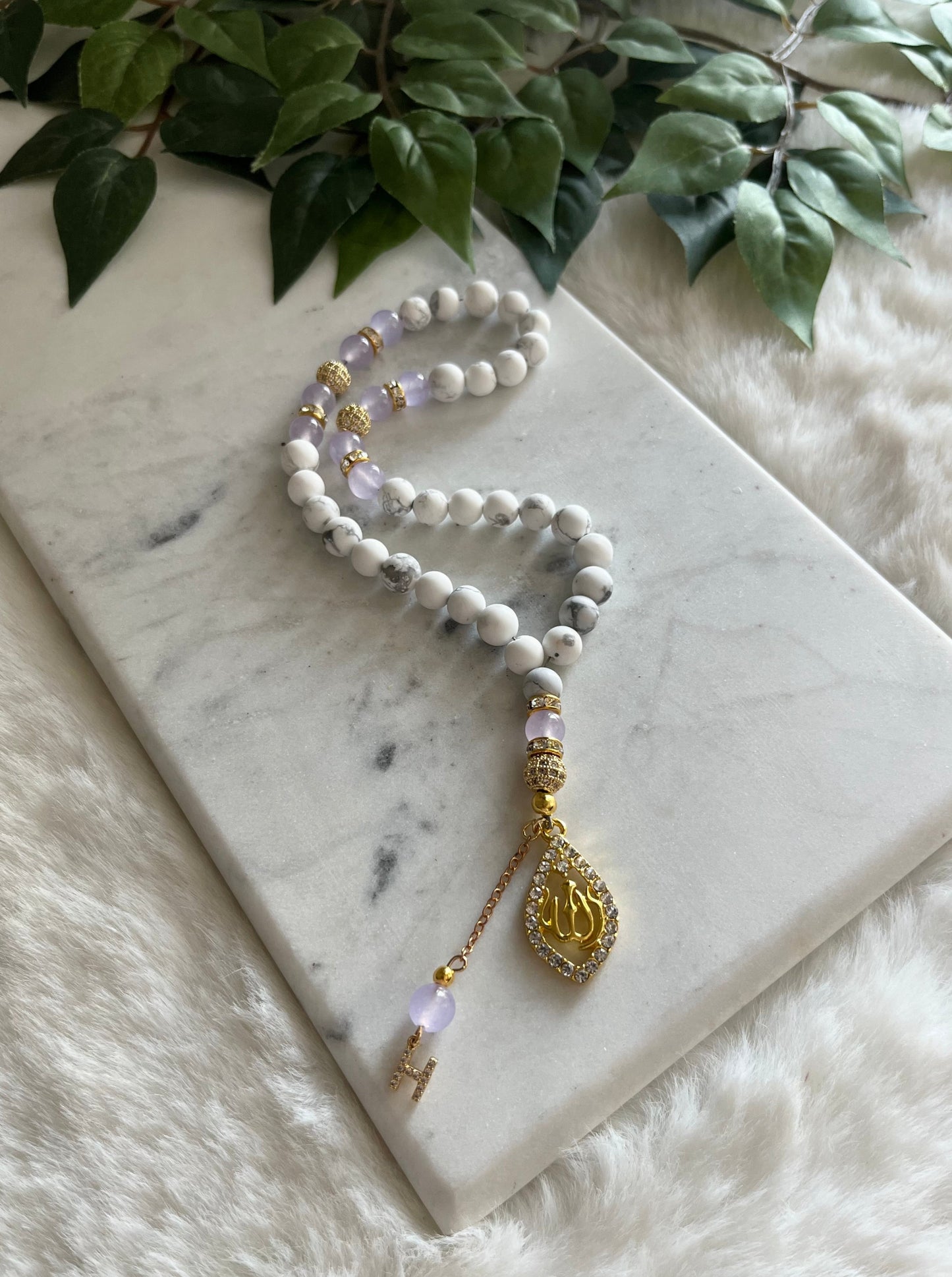 Tasbih - 33 Beads Handheld - Howlite & Lavender - Allah Pendant & Letter