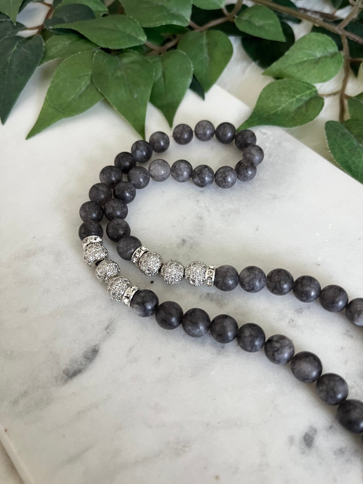 Tasbih - 50 Beads - Grey Jade - Zulfiqar Sword & Letter