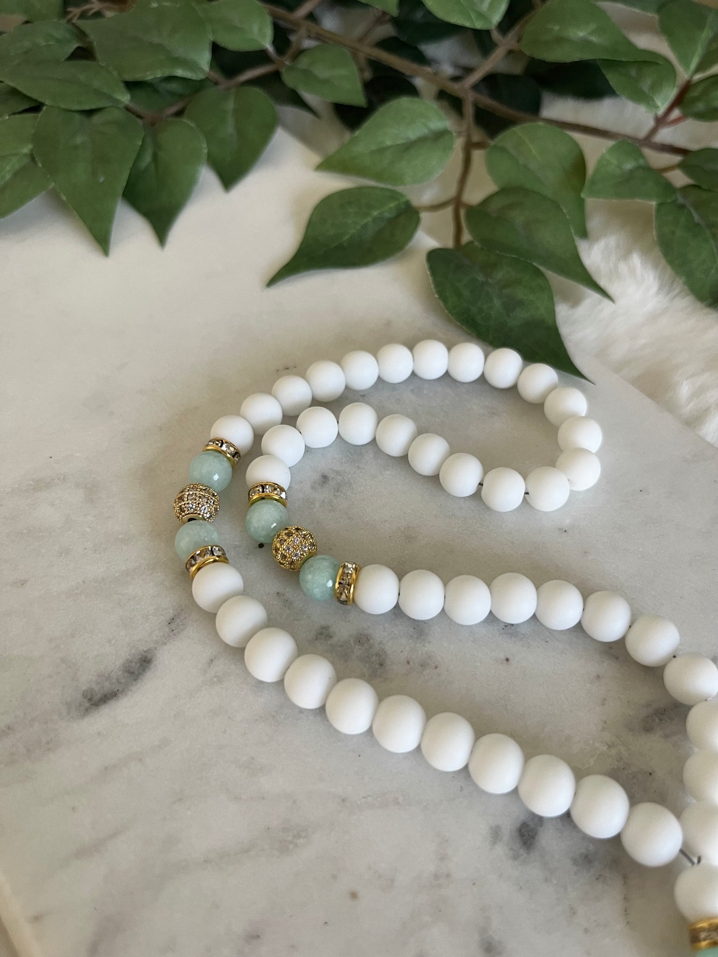 Tasbih - 50 Beads - Matte White & Mashan Jade - Allah Pendant & Letter