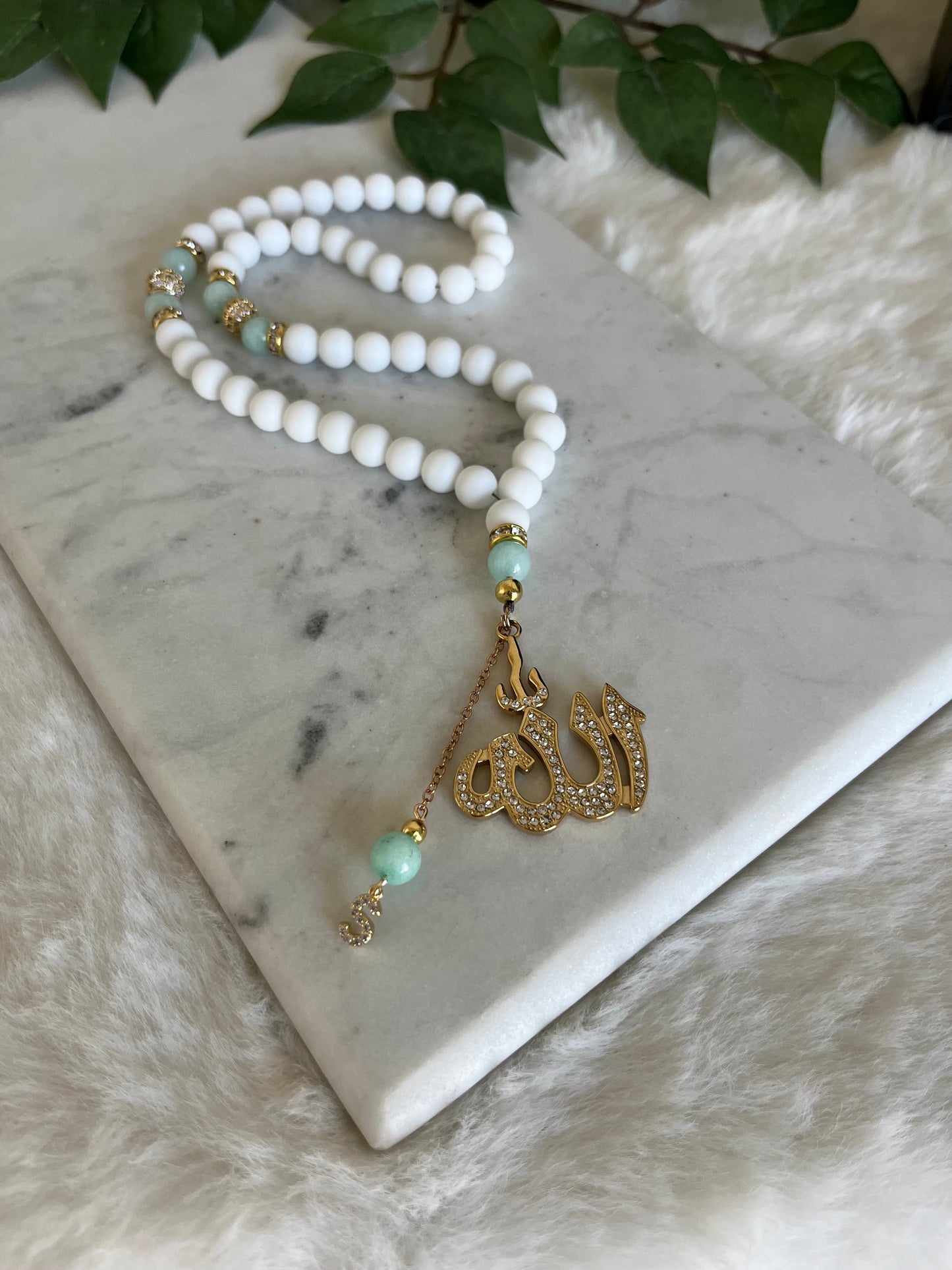 Tasbih - 50 Beads - Matte White & Mashan Jade - Allah Pendant & Letter