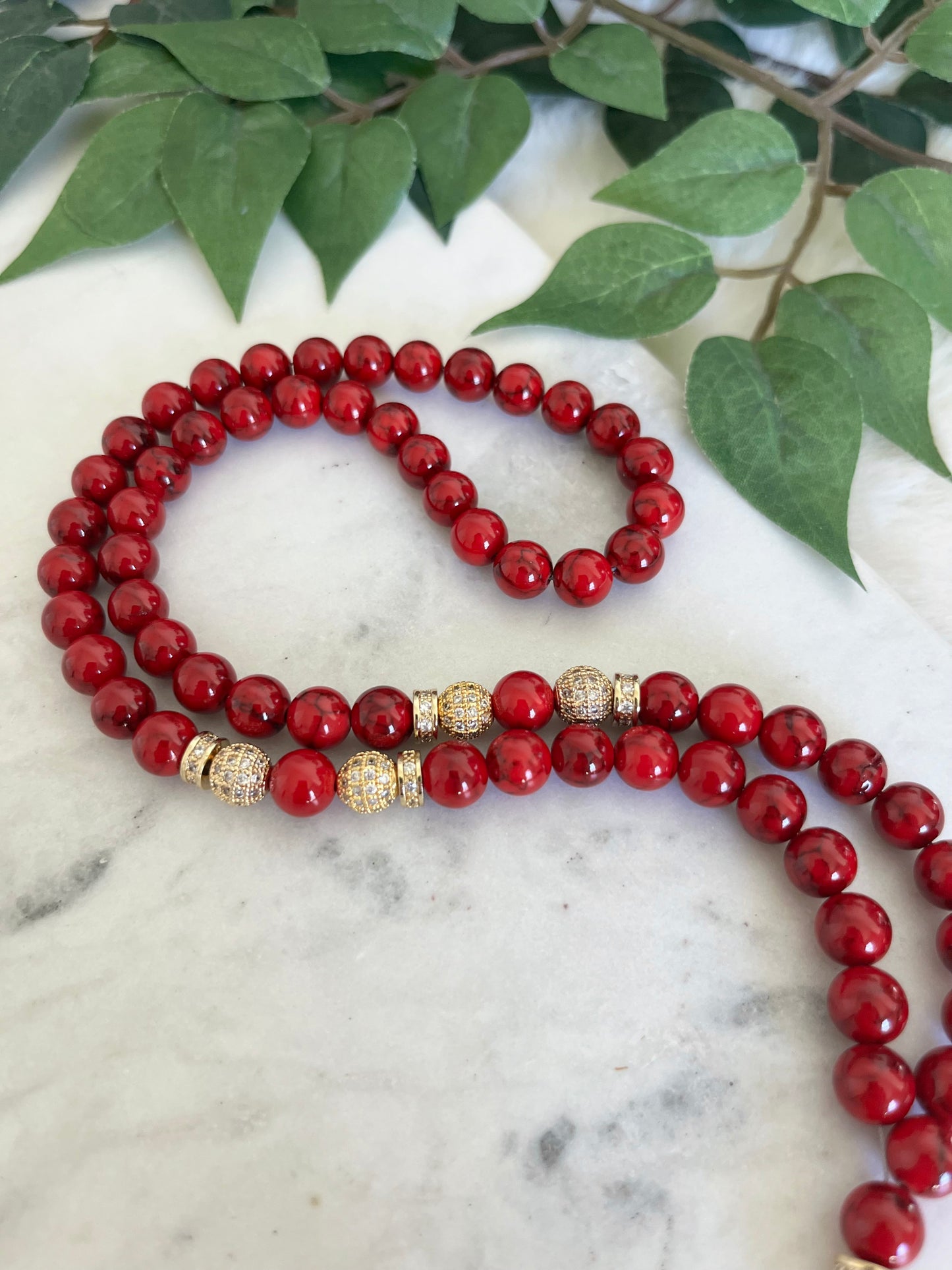 Tasbih - Mercedes - Marble Red & Gold - Allah & Ayatul Kursi - Letter