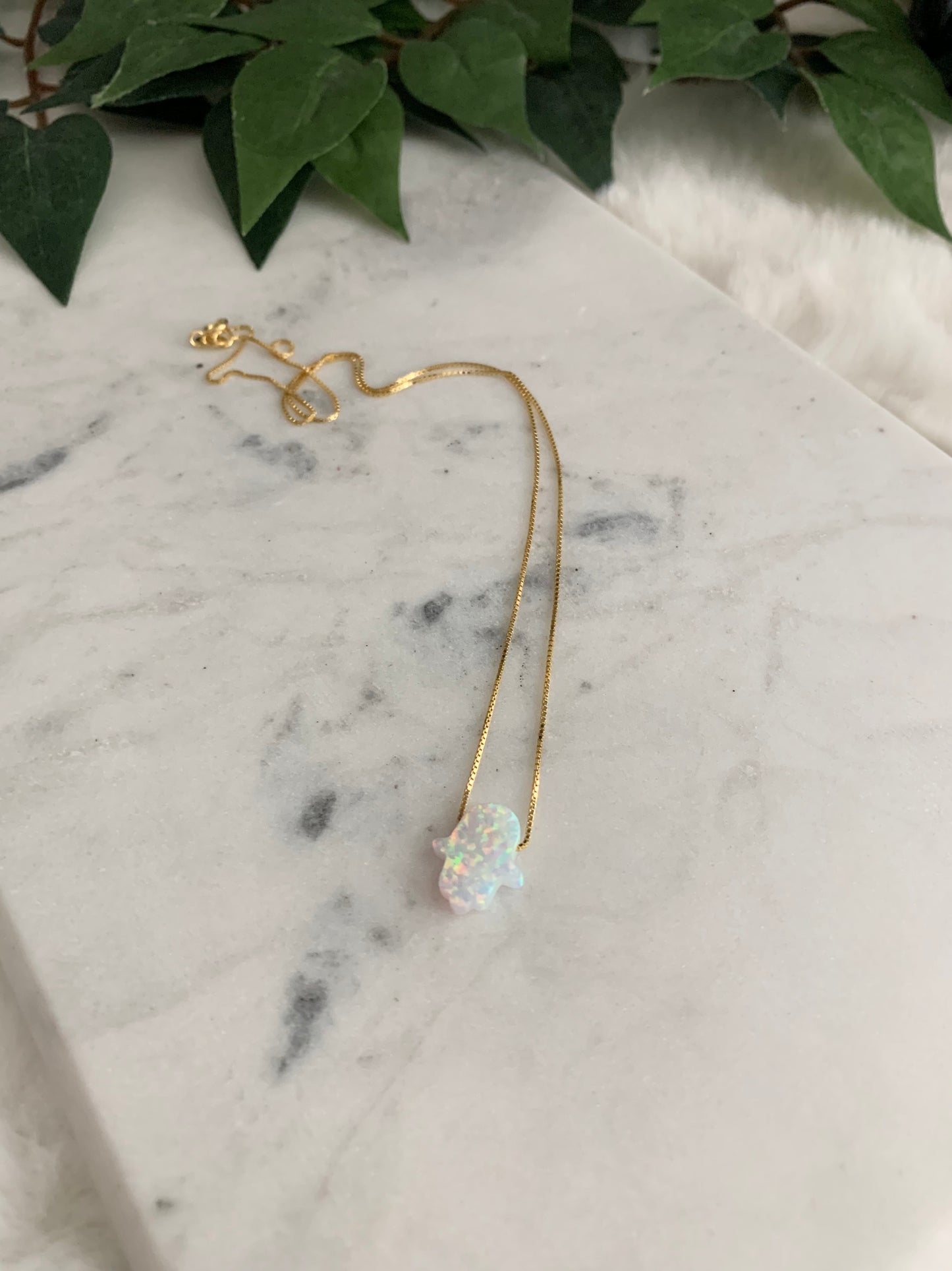 Opal Hamsa Necklace - Box Chain