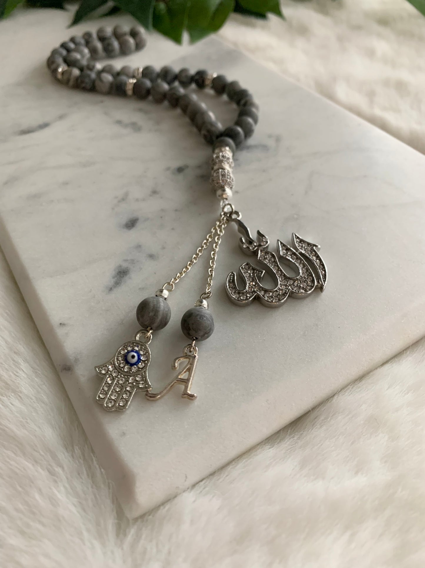 Tasbih - Jeeps & Trucks - Jasper Grey - Allah Pendant - Hamsa Hand - Letter