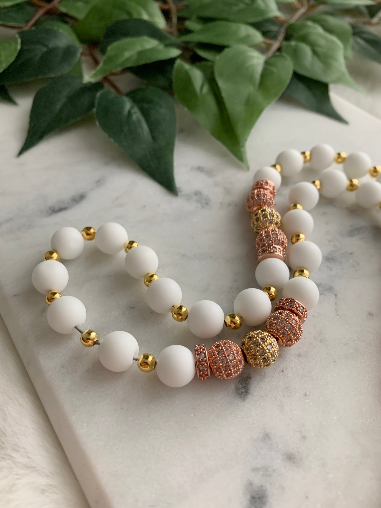 Tasbih - 33 Beads Hanging - Matte White, Gold & Rose Gold - Allah & Ayatul Kursi