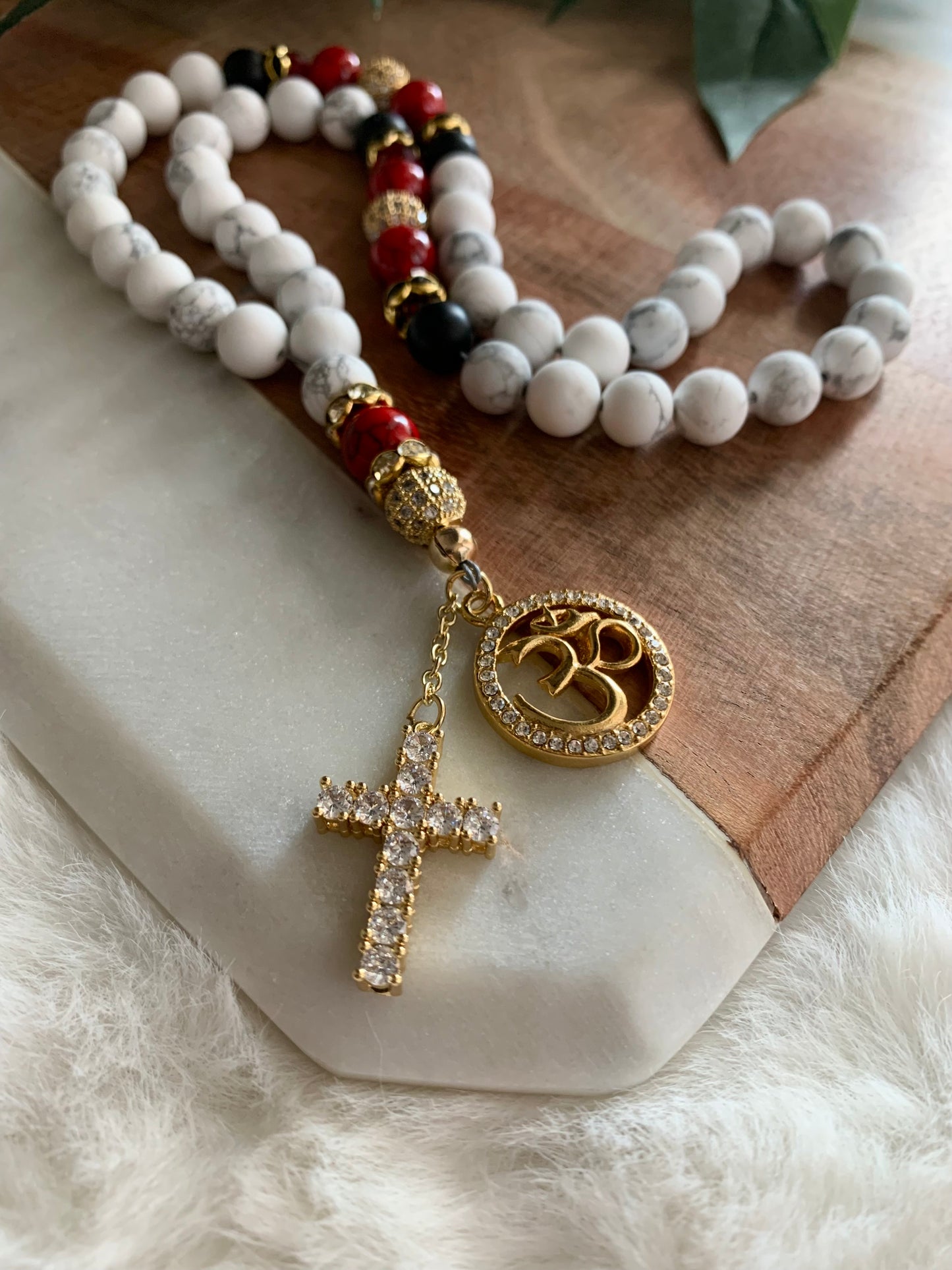 Rosary - 50 Beads - Howlite, Red & Black - Gold Diamond Cross & Om