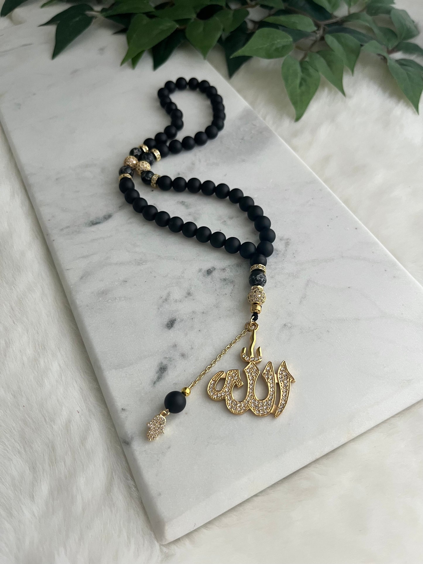 Tasbih - 50 Beads - Matte Black & Black Jasper - Allah Pendant & Hamsa Hand