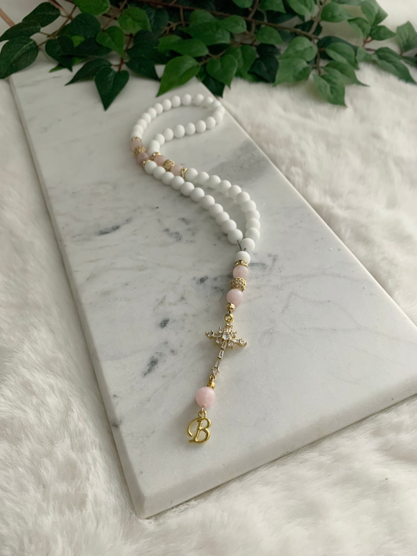 Rosary - 50 Beads - Matte White & Rose Quartz - Golden Cross & Letter