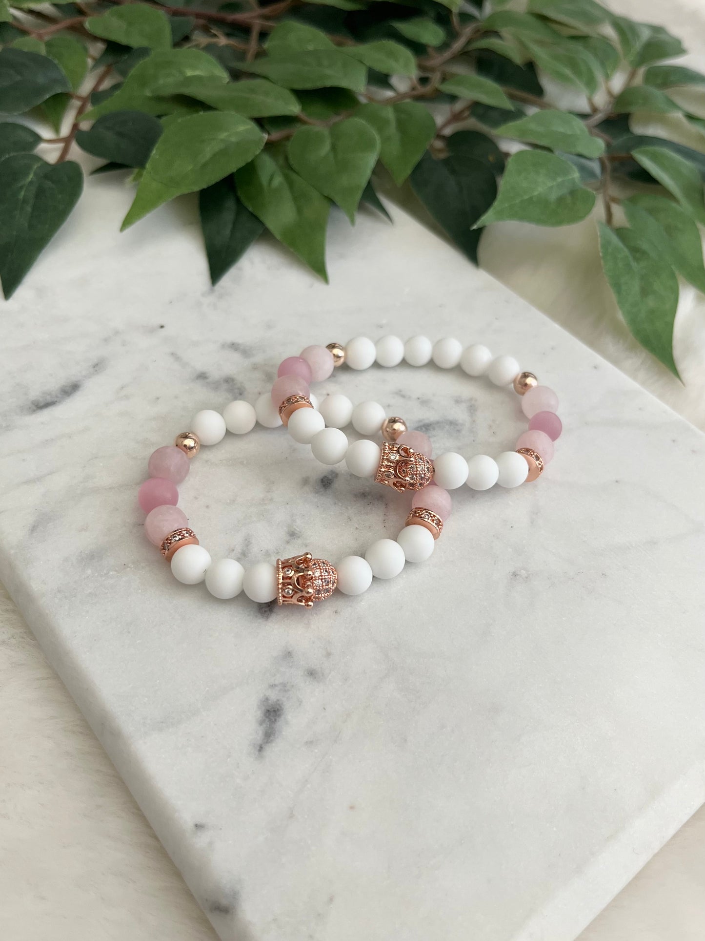 Matte White & Rose Gold Short Crown Friendship Bracelets
