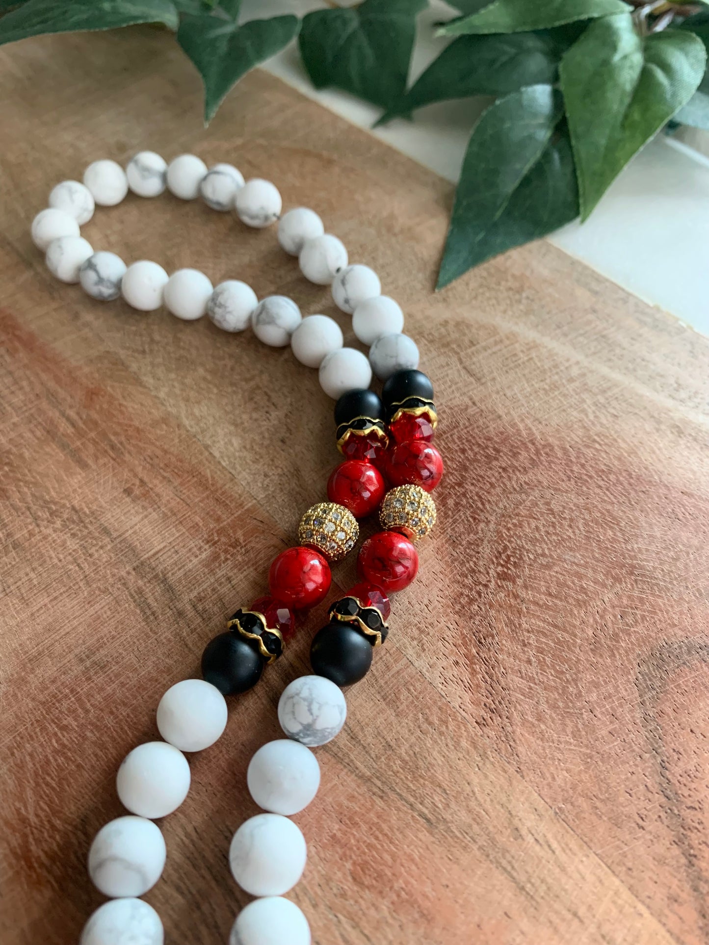 Rosary - 50 Beads - Howlite, Red & Black - Gold Diamond Cross & Om