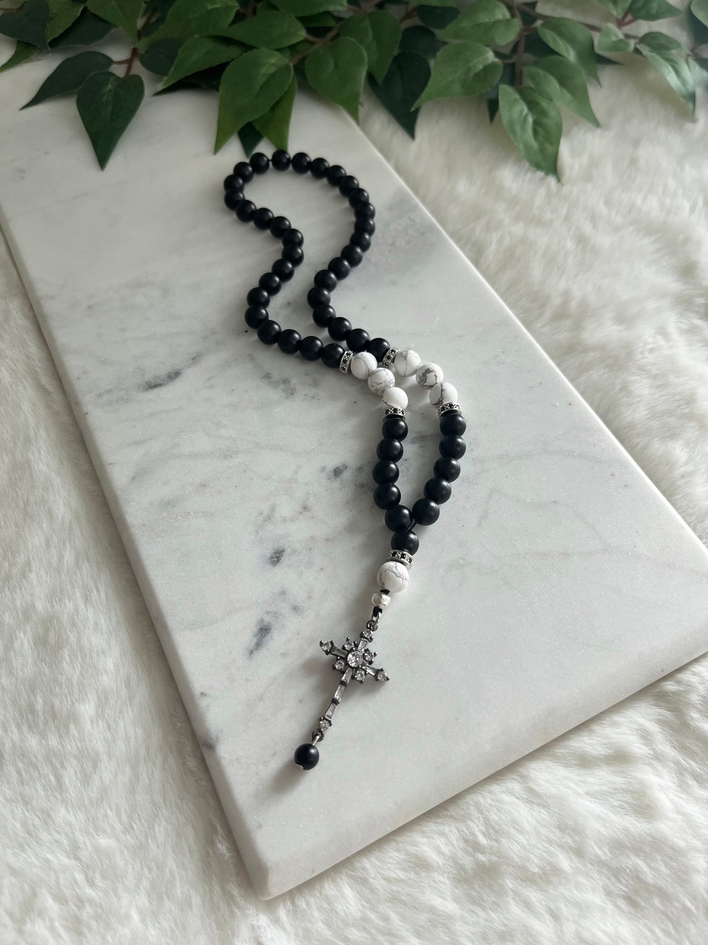 Rosary - 50 Beads - Matte Black & Howlite - Black Cross