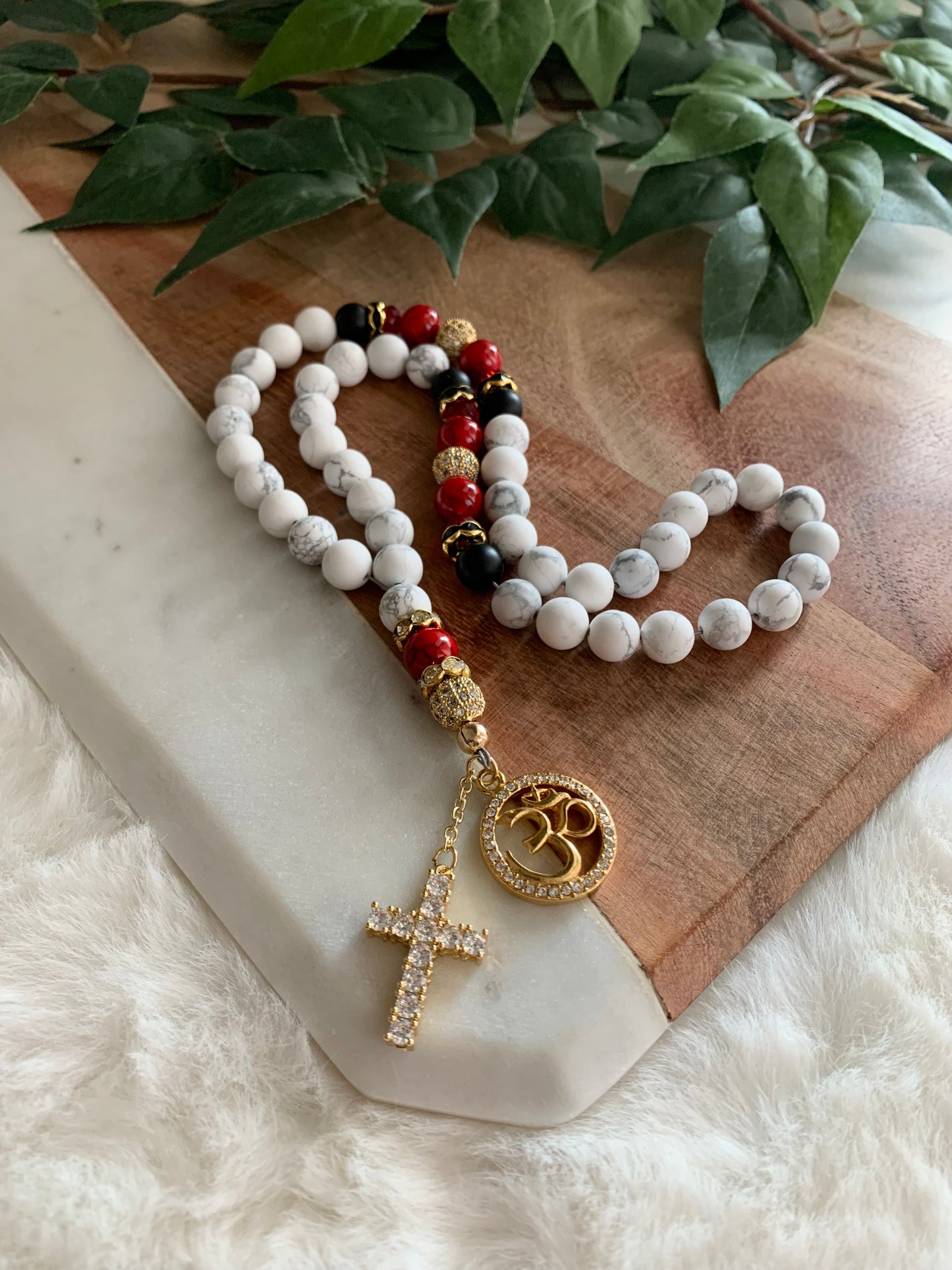 Rosary - 50 Beads - Howlite, Red & Black - Gold Diamond Cross & Om