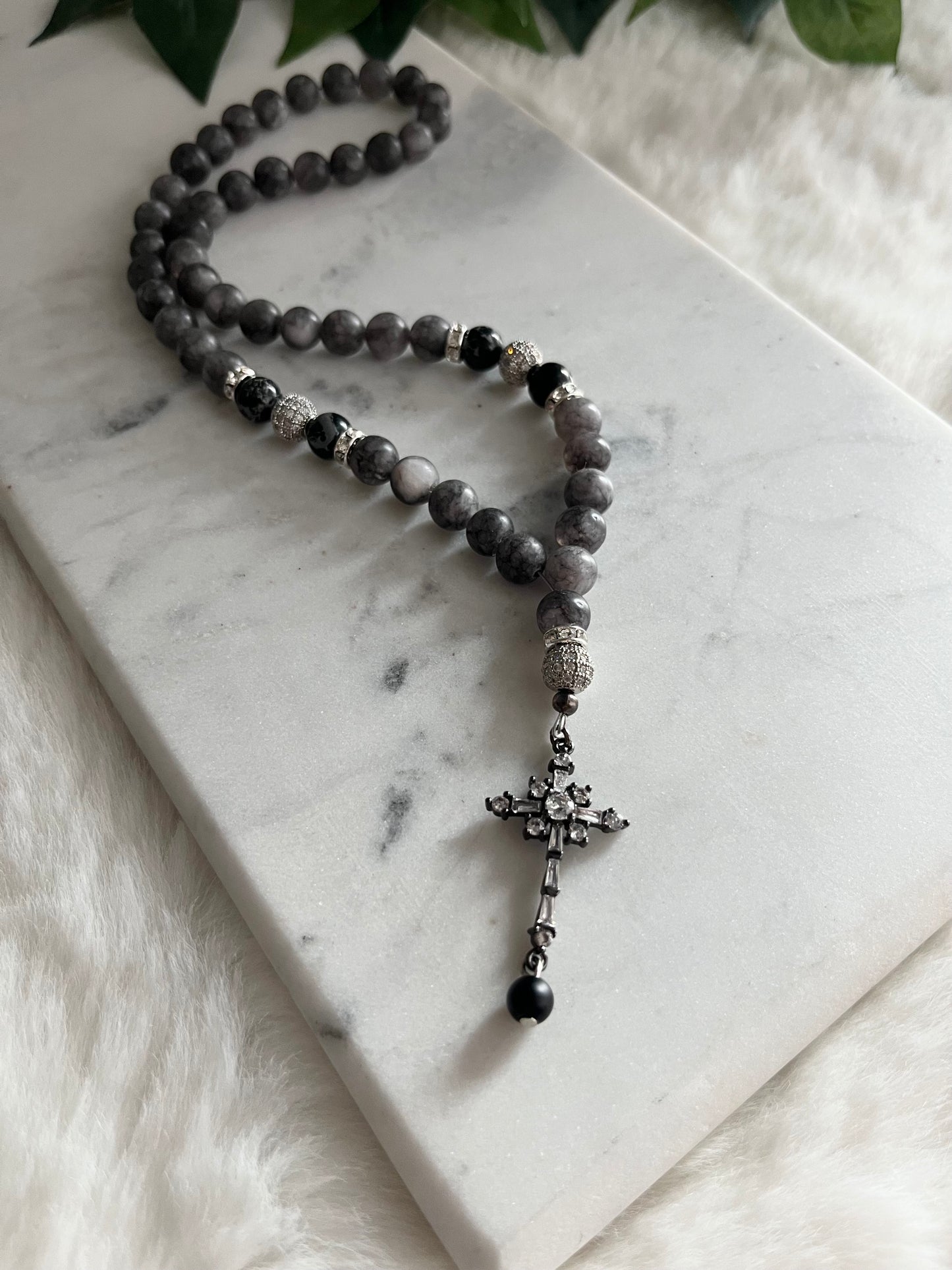 Rosary - 50 Beads - Marble Grey - Black Cross