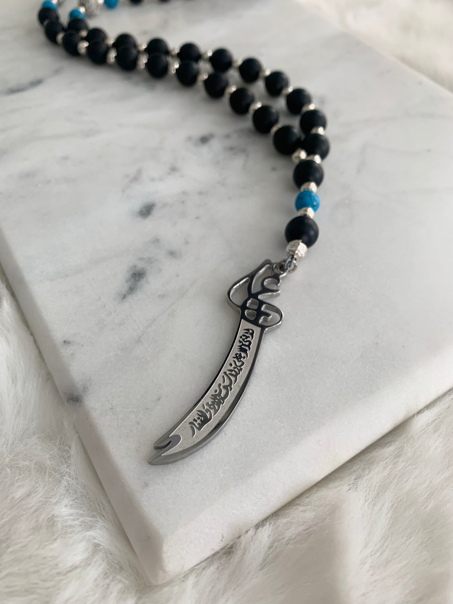 Tasbih - 33 Beads Hanging - Matte Black & Blue Zulfiqar Sword