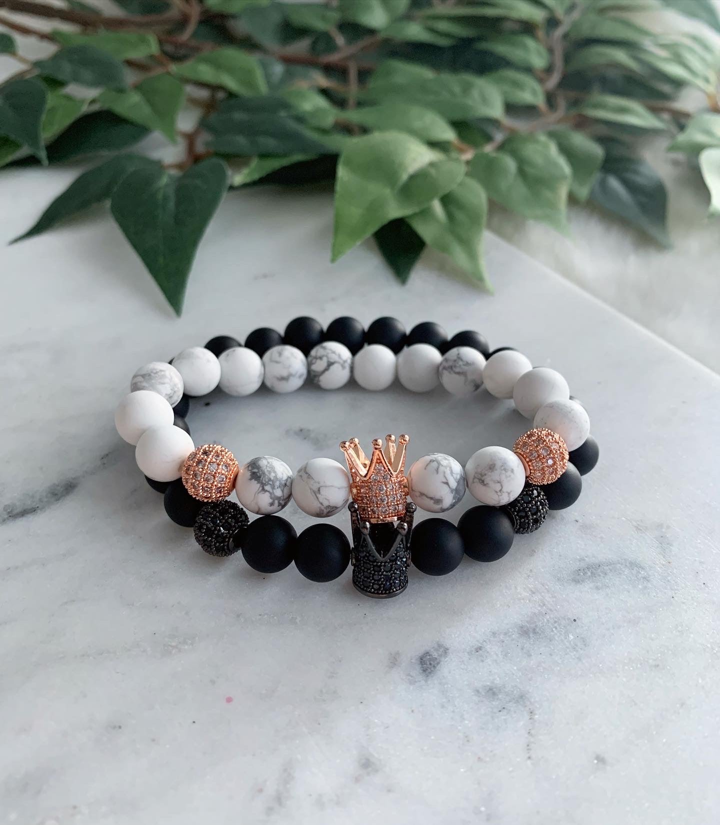 king & Queen - Tall Crown - Matte Black & Howlite - His & Her Bracelets