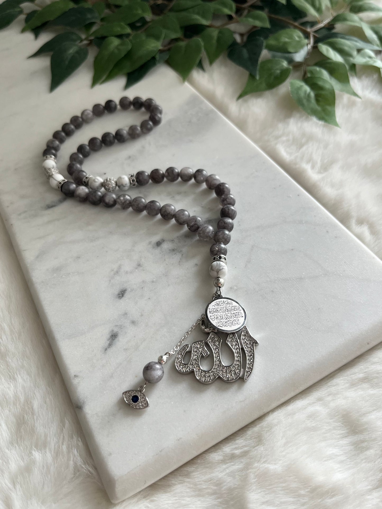 Tasbih - 50 Beads - Grey Jade - Allah Pendant & Ayatul Kursi & Evil Eye