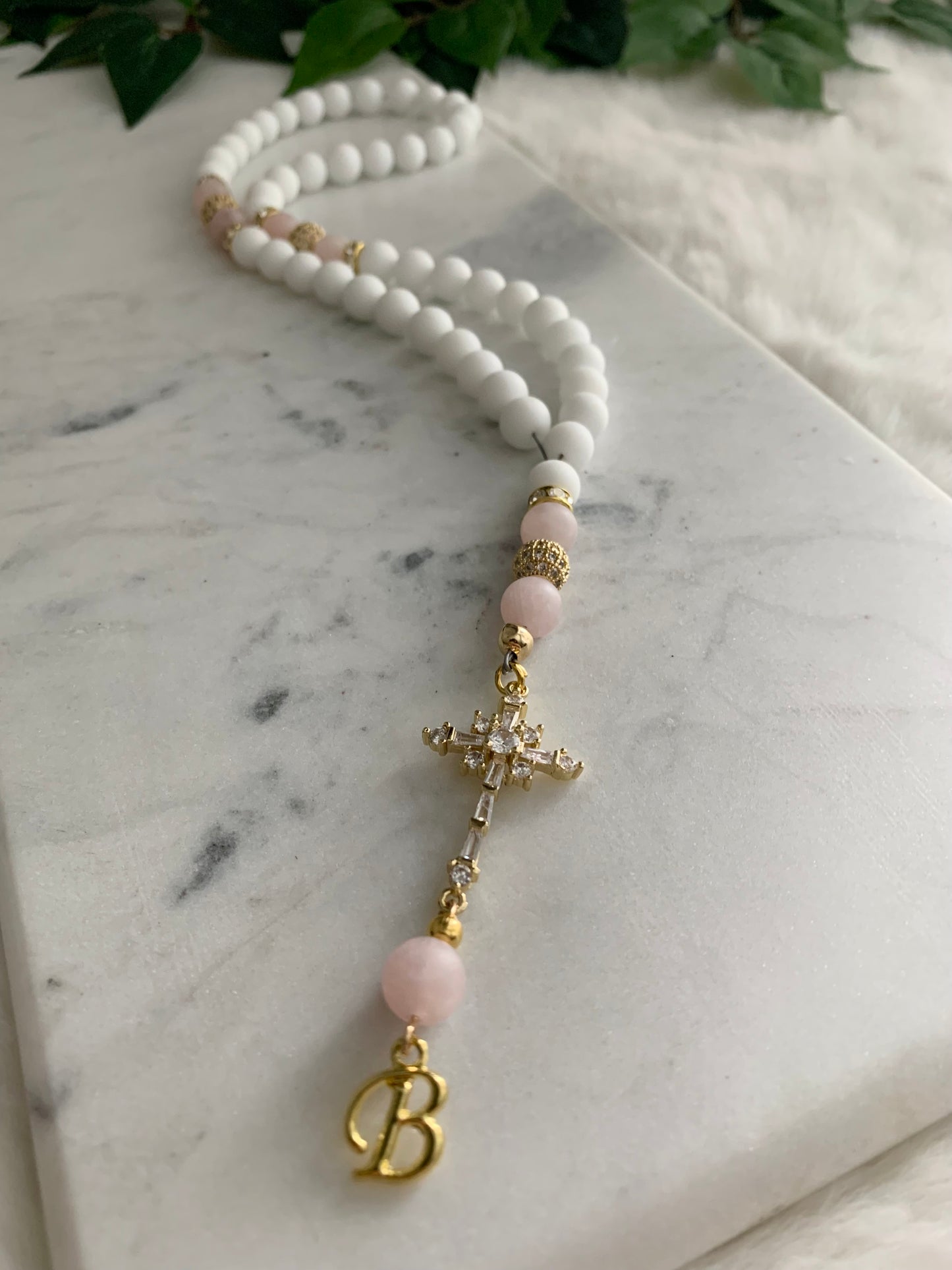 Rosary - 50 Beads - Matte White & Rose Quartz - Golden Cross & Letter