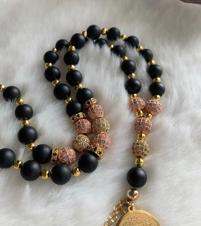 Tasbih - 33 Beads Hanging - Matte Black, Gold & Rose Gold - Allah & Ayatul Kursi