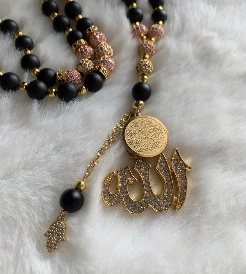 Tasbih - 33 Beads Hanging - Matte Black, Gold & Rose Gold - Allah & Ayatul Kursi