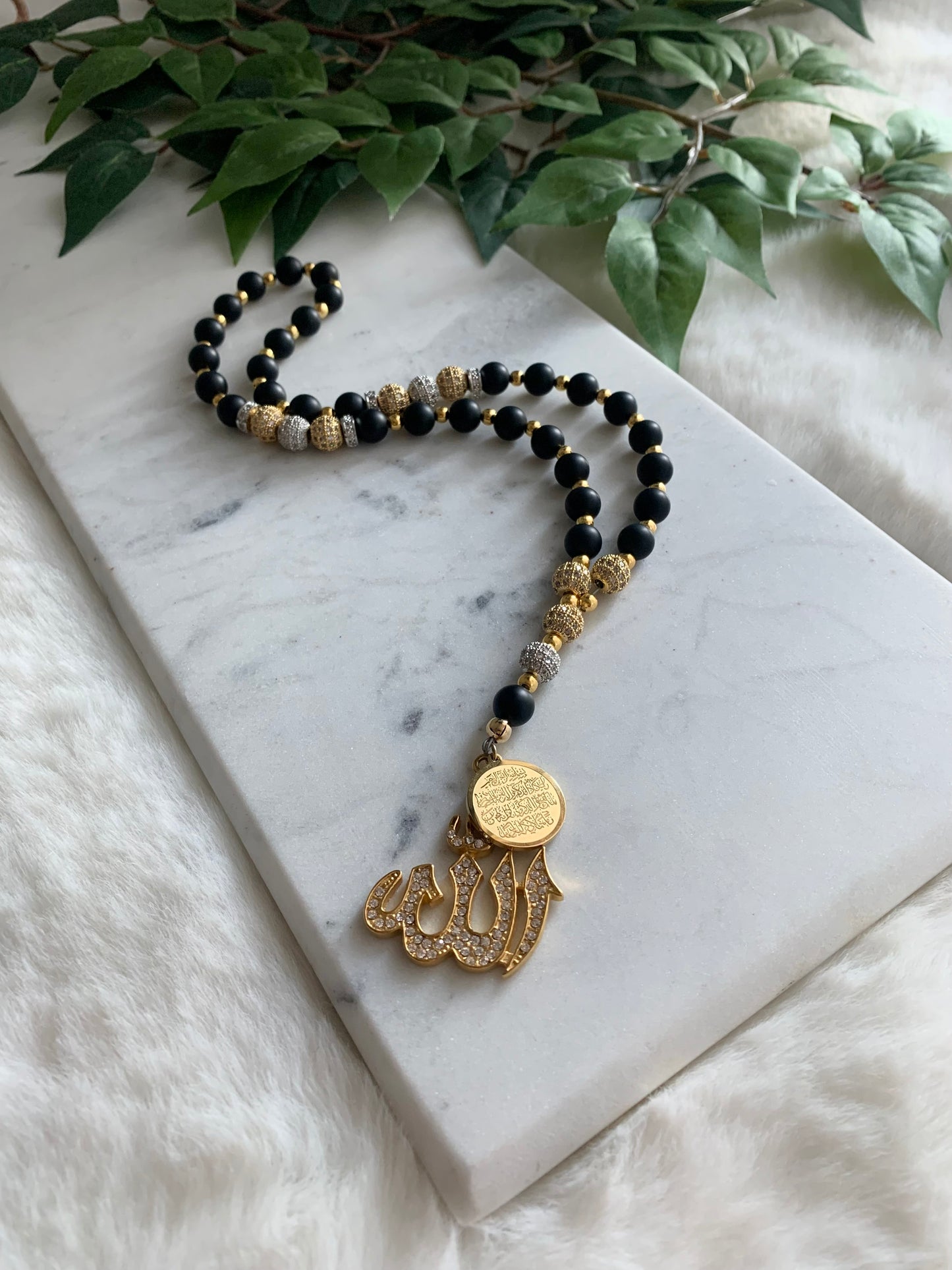 Tasbih - 33 Beads Hanging - Matte Black, Gold & Silver - Allah & Ayatul Kursi