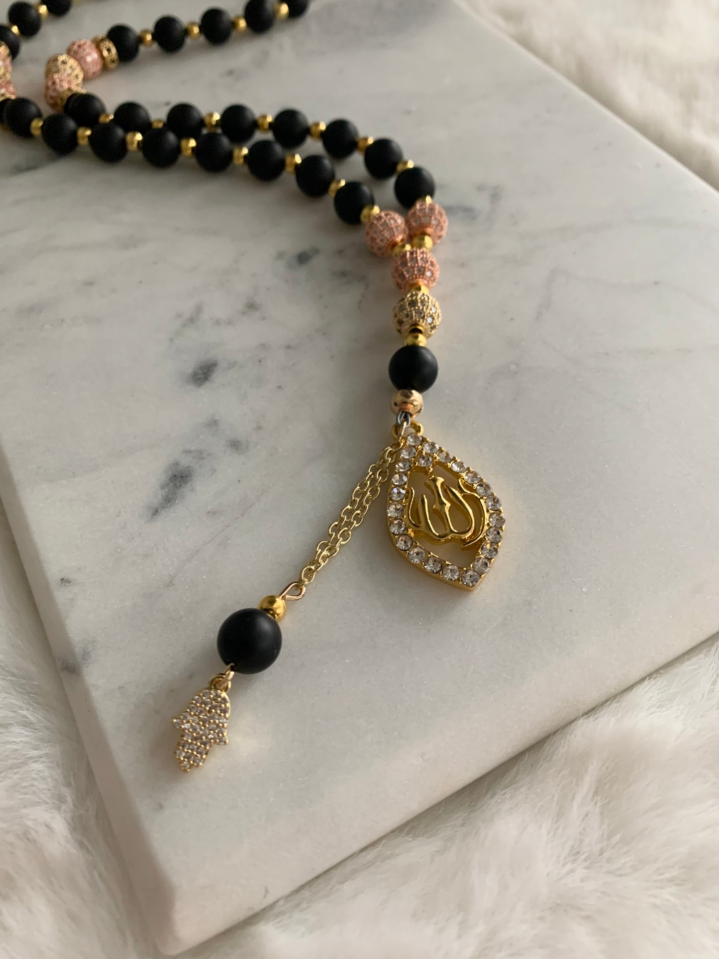 Tasbih - 33 Beads Hanging - Matte black - Gold & Rose Gold - Allah