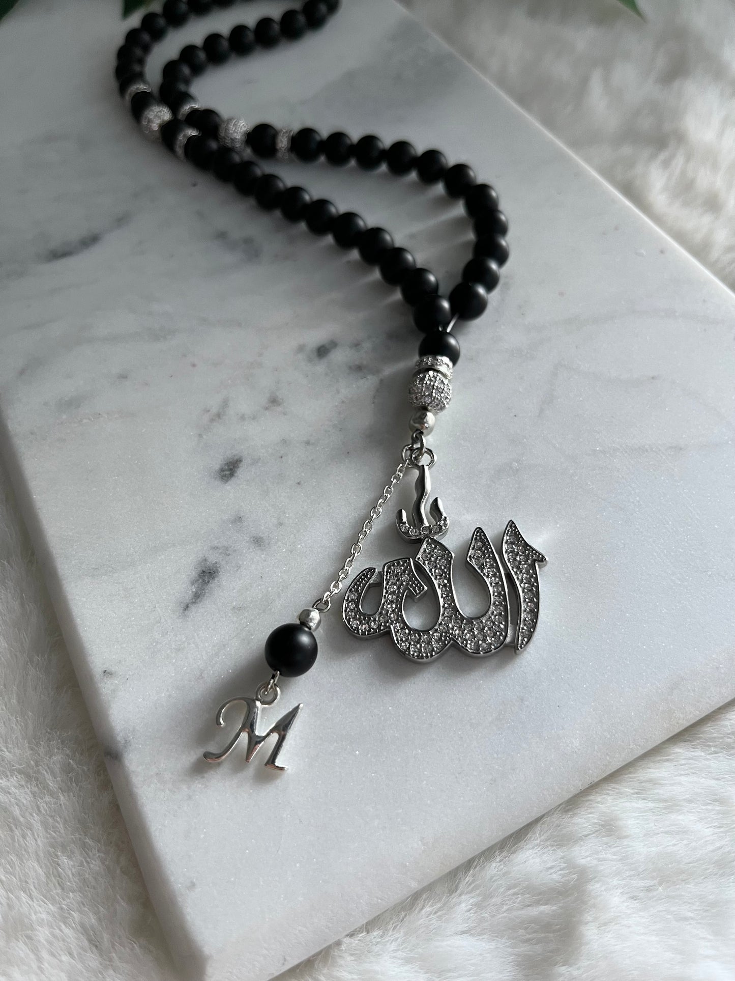 Tasbih - 50 Beads - Matte black & Silver - Allah Pendant & Letter