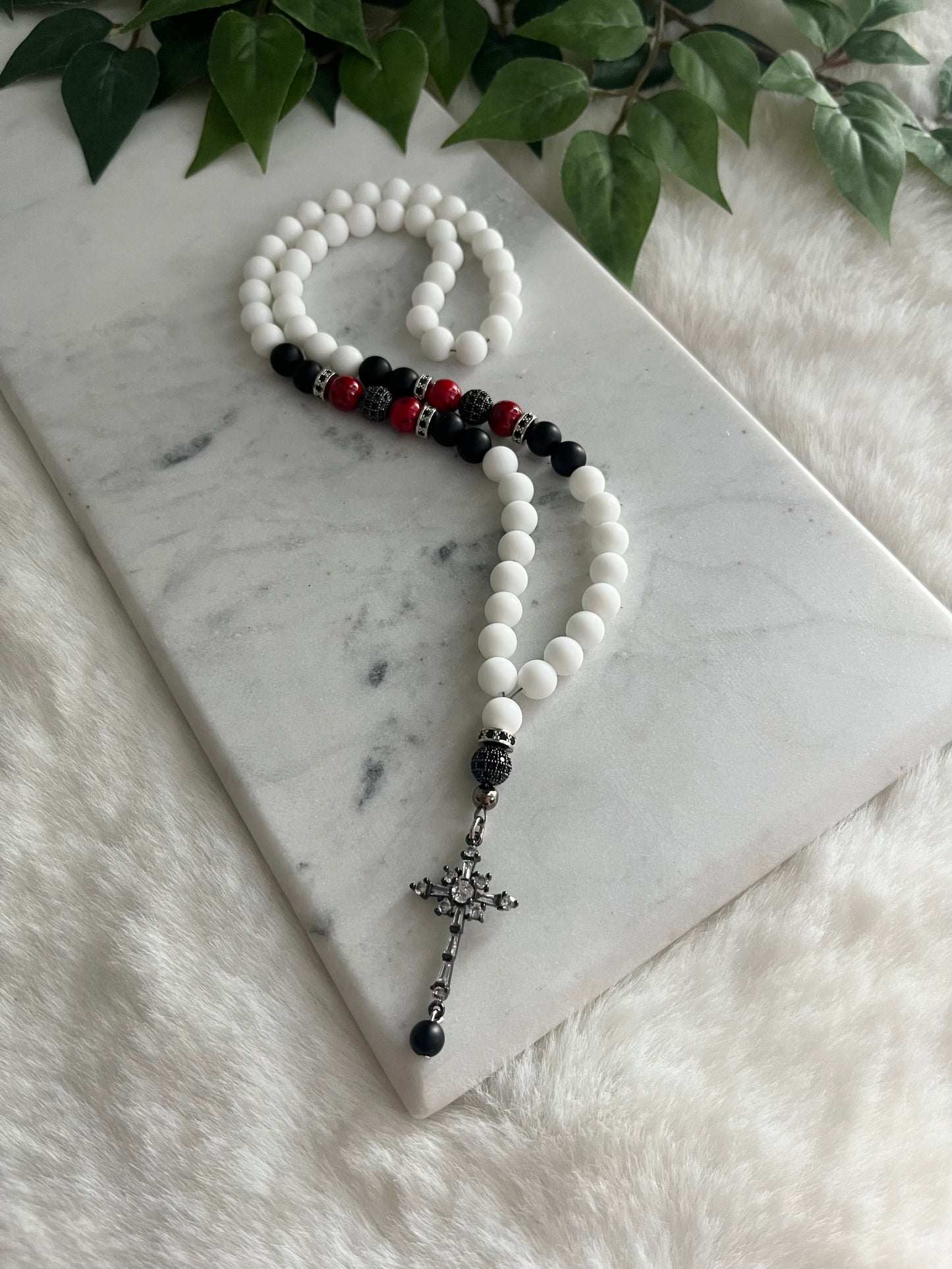 Rosary - Mercedes - Matte White - Black Cross