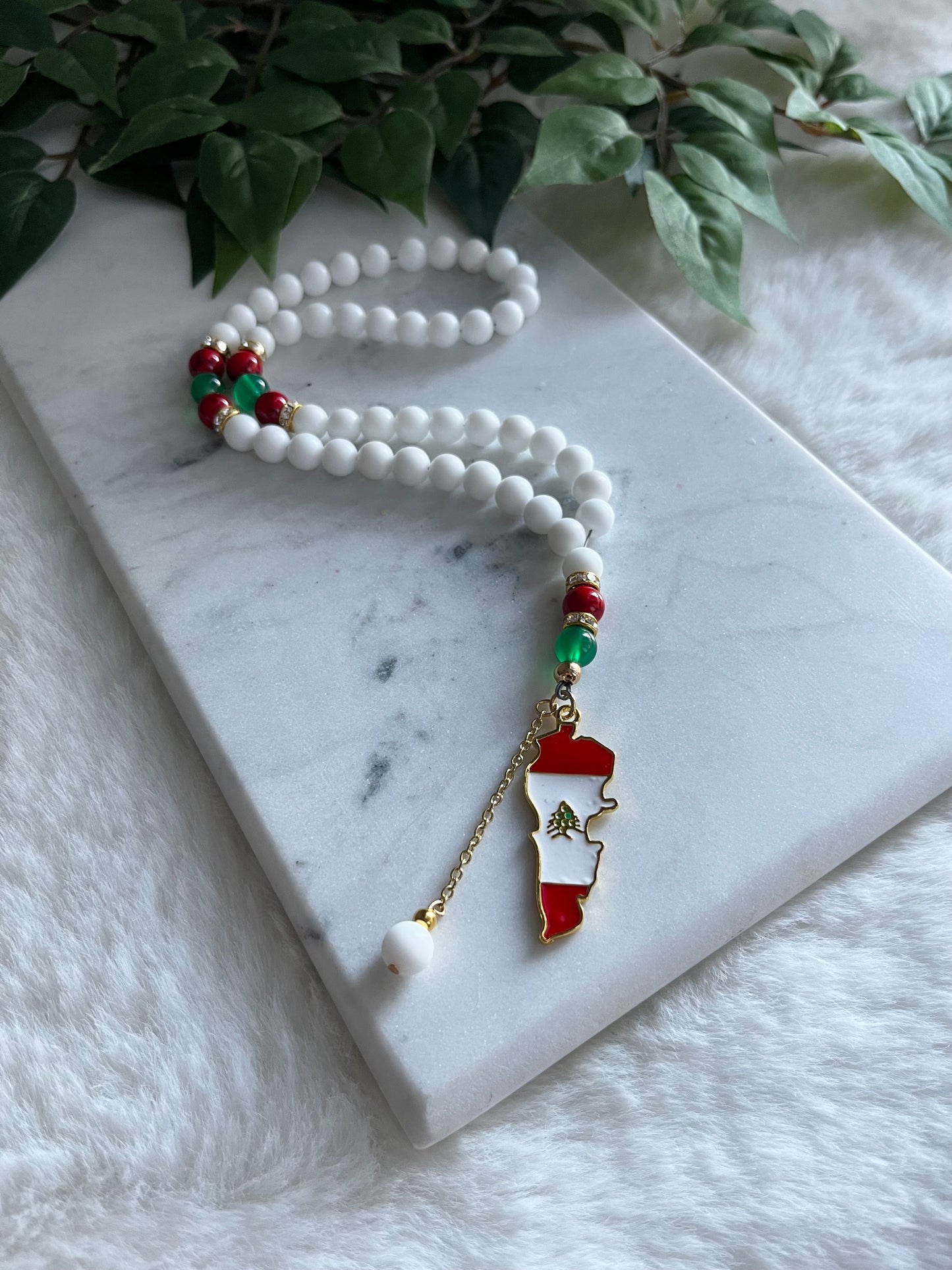 Tasbih - 50 Beads - Matte White - Lebanon Flag