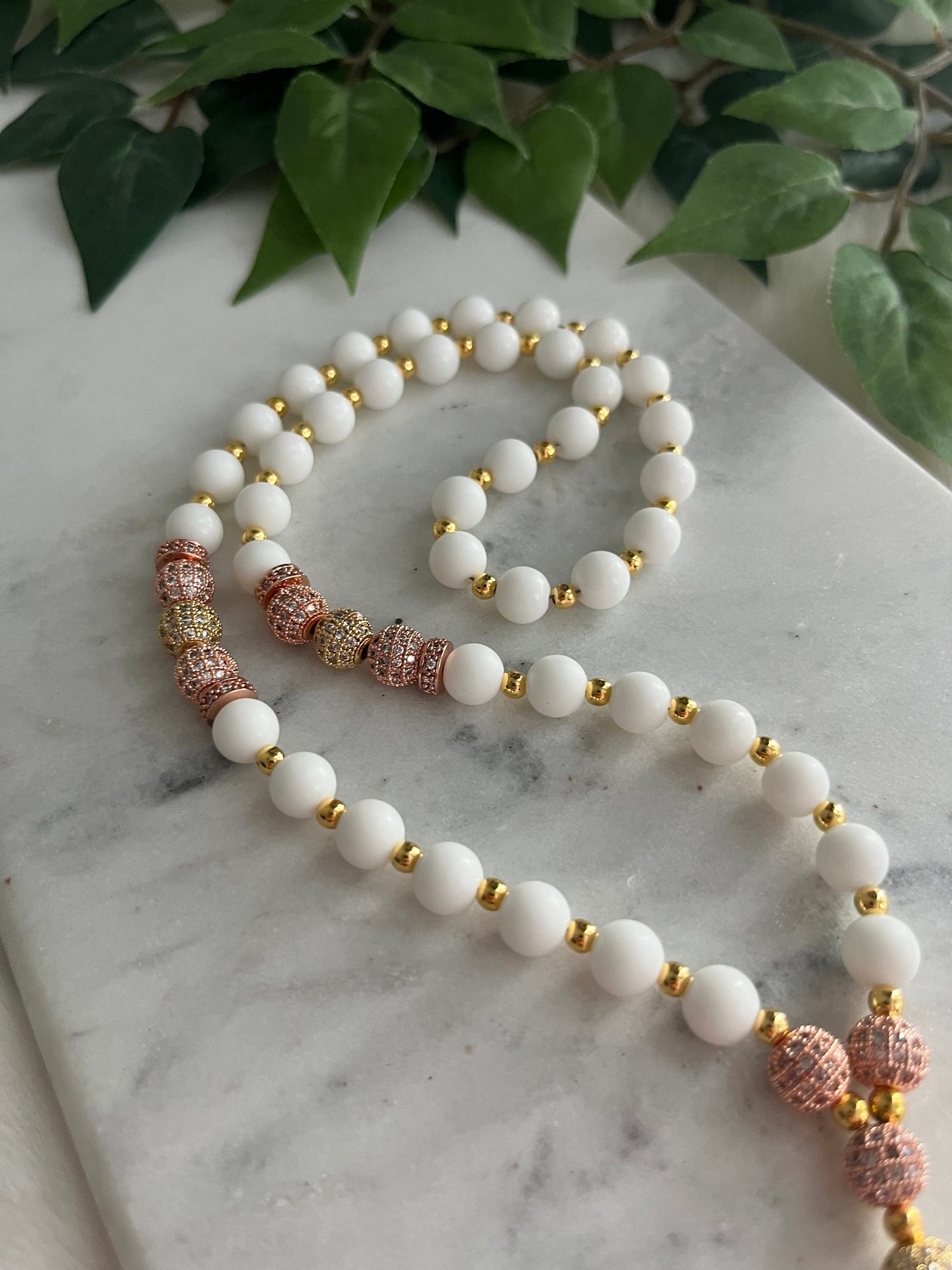 Tasbih - Mercedes - Matte White, Gold & Rose Gold - Allah & Ayatul Kursi - Letter
