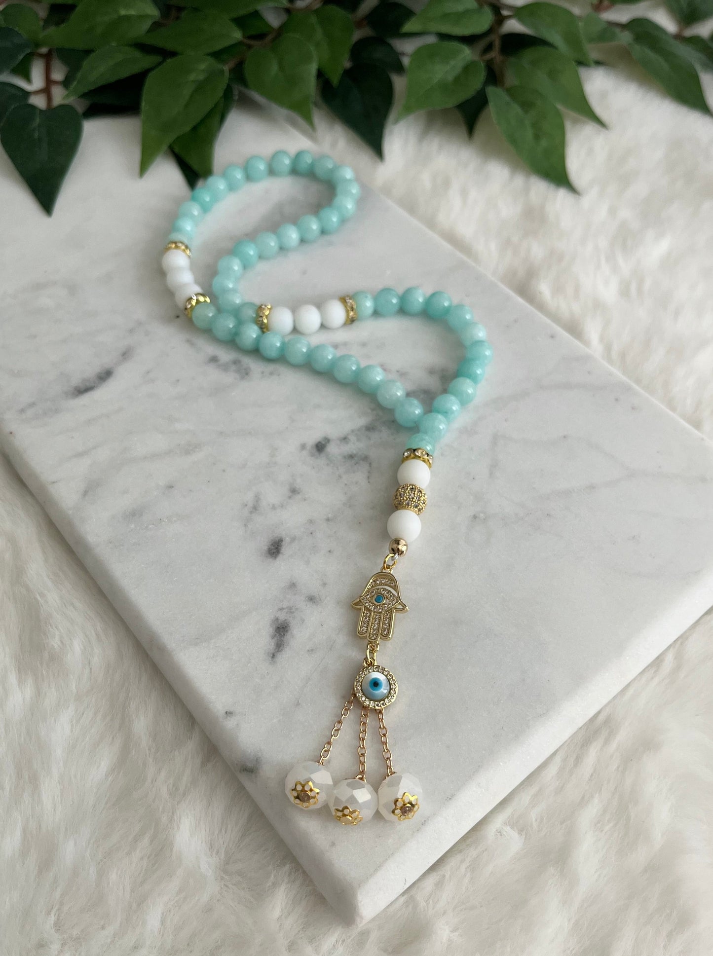 Tasbih - 50 Beads - Mashan Jade - Hamsa Hand & Evil Eye Charm