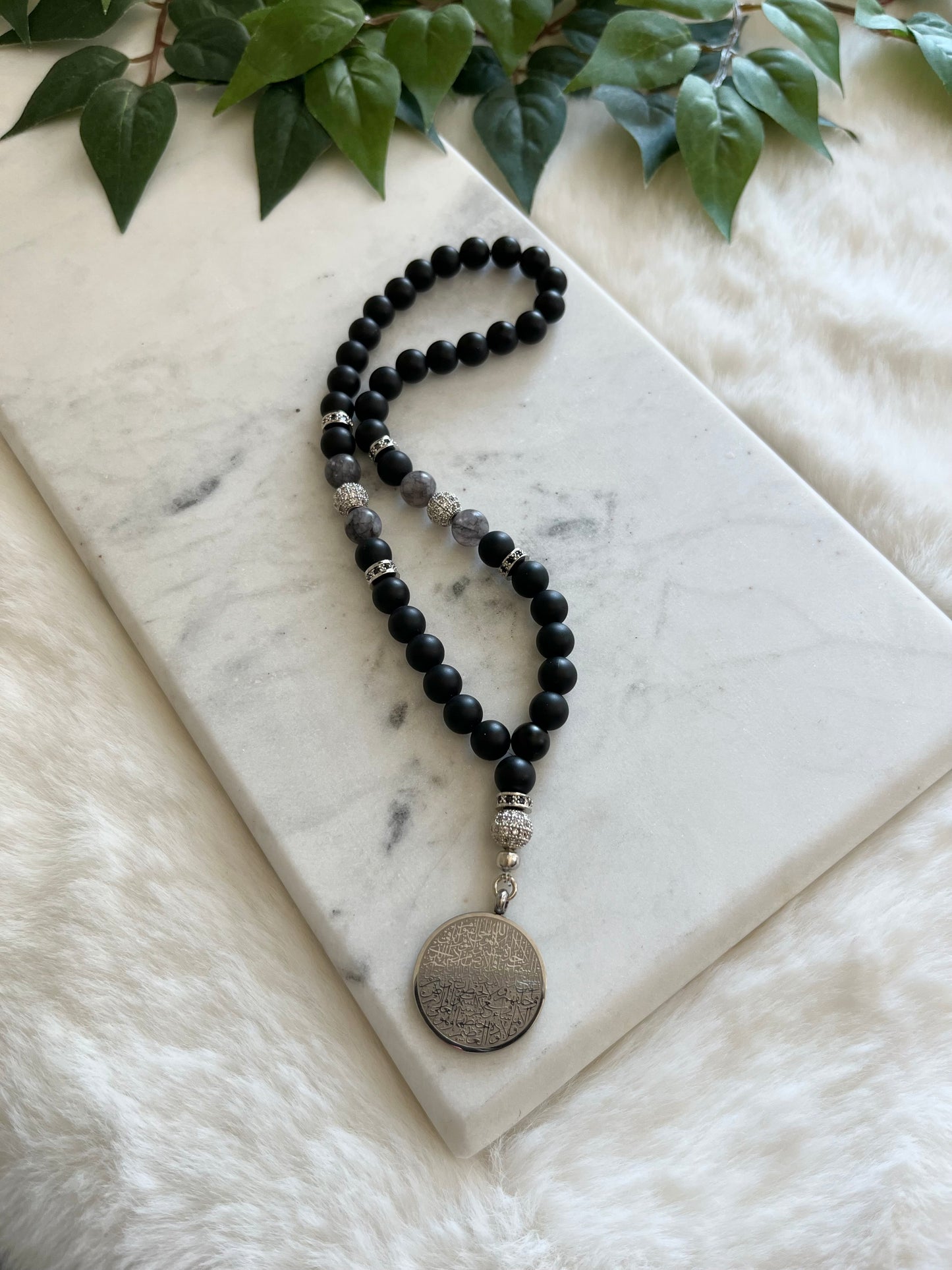 Tasbih - Jeeps & Trucks - Matte Black & Grey Marble - Ayatul Kursi Pendant