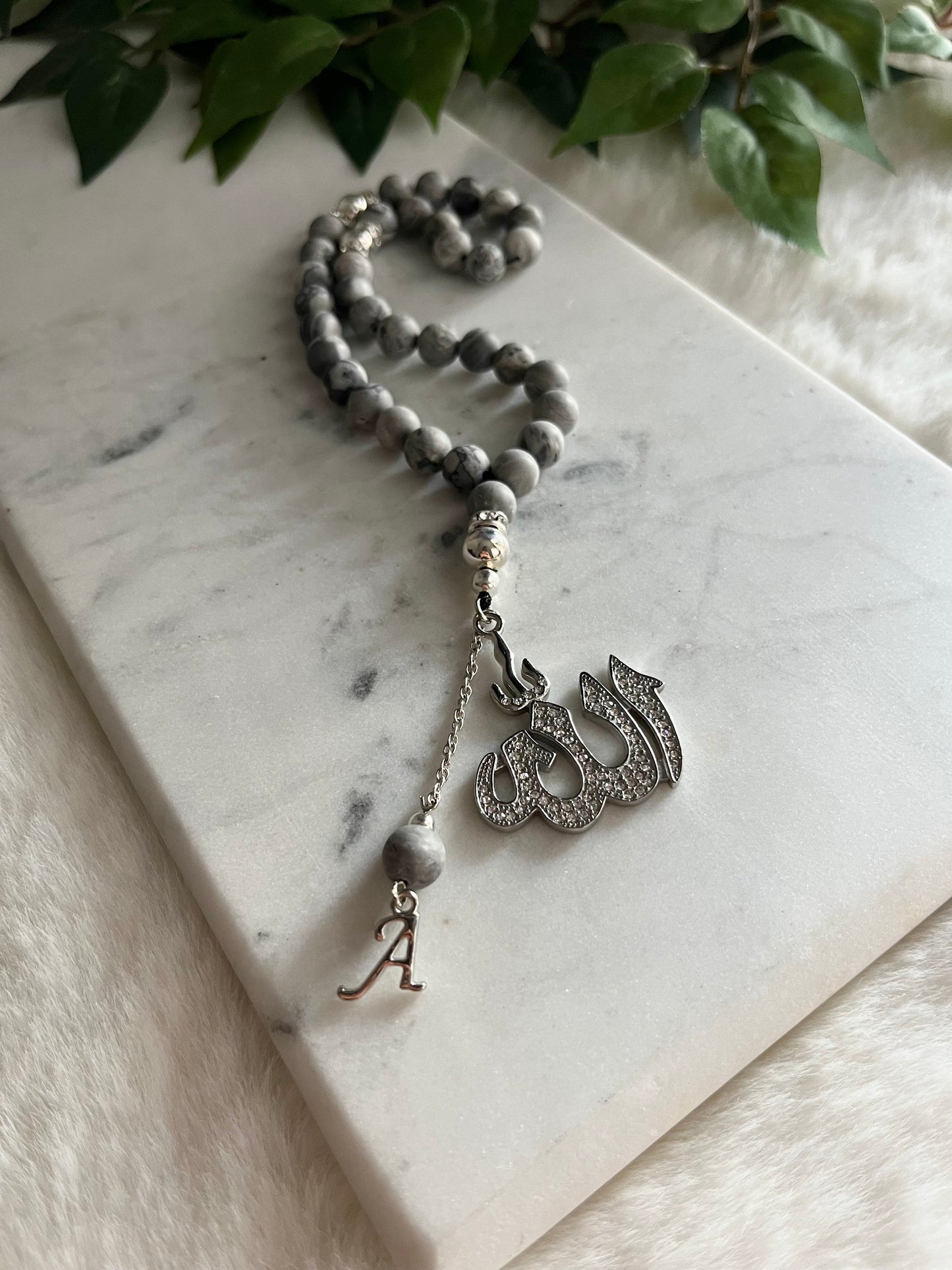 Tasbih - 33 Beads Handheld - Jasper & Silver - Allah & Letter