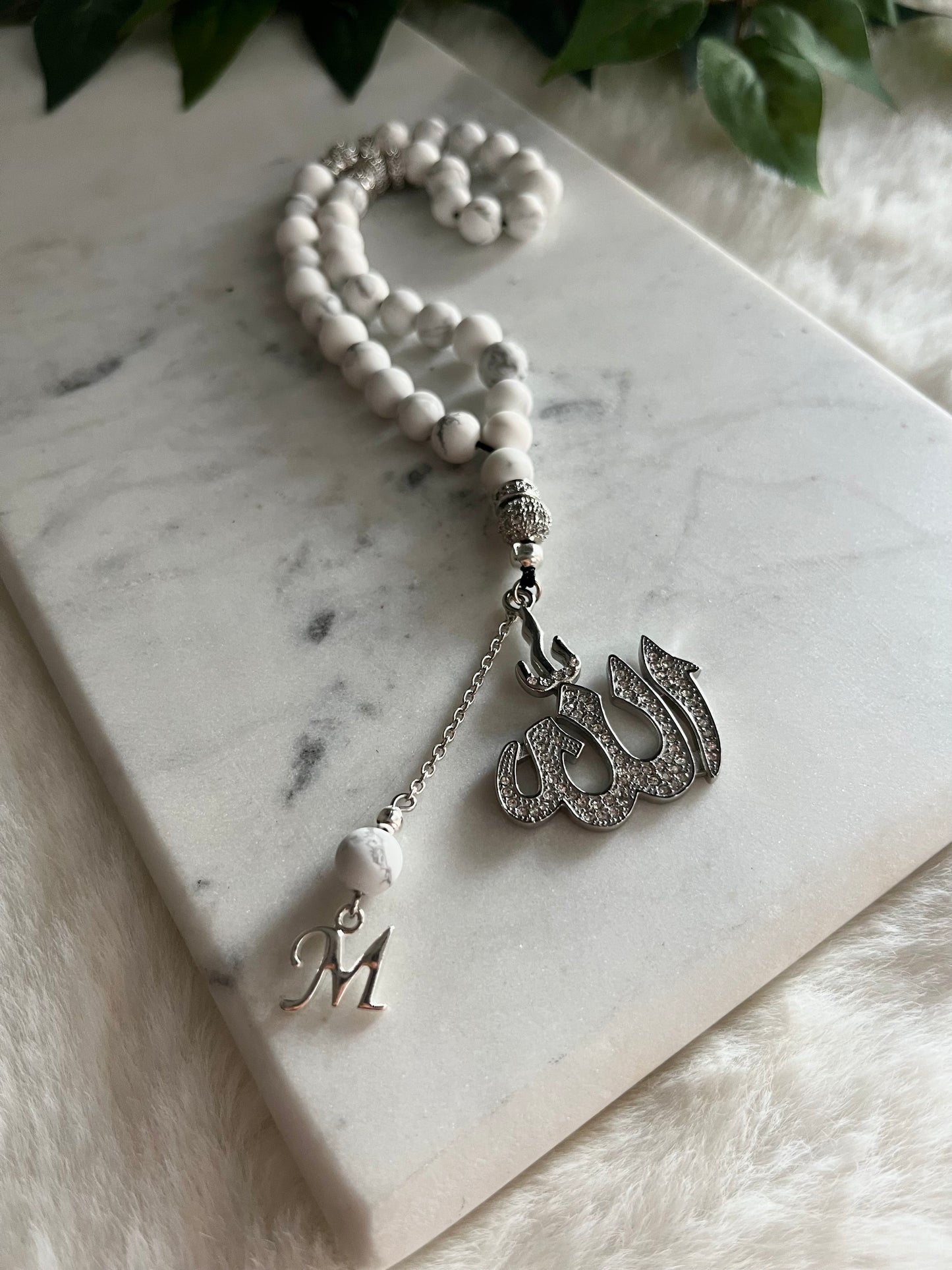 Tasbih - 33 Beads Handheld - Howlite & Silver - Allah & Letter