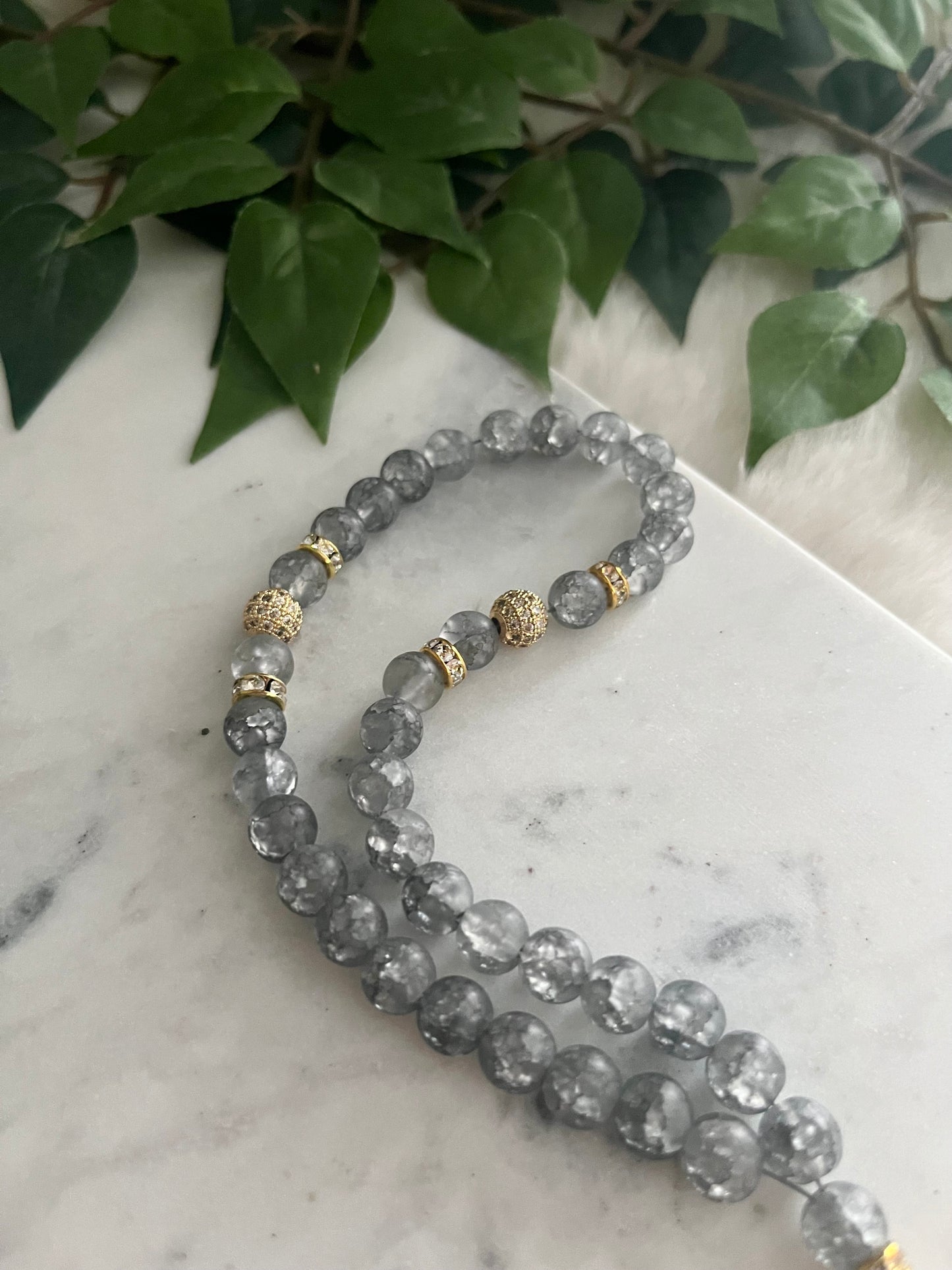 Tasbih - 33 Beads Handheld - Crackle Quartz - Allah & Letter
