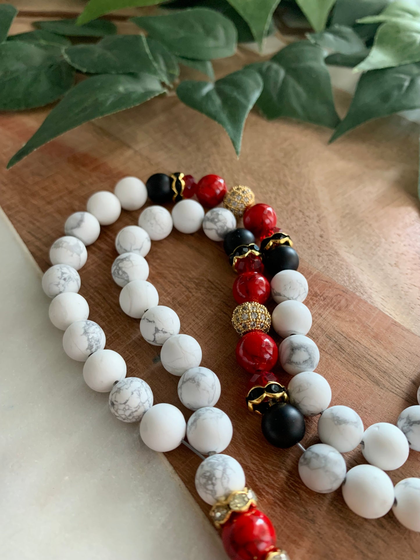 Rosary - 50 Beads - Howlite, Red & Black - Gold Diamond Cross & Om