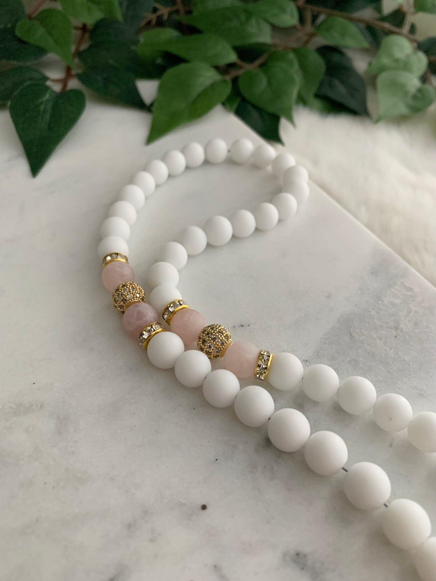 Rosary - 50 Beads - Matte White & Rose Quartz - Golden Cross & Letter