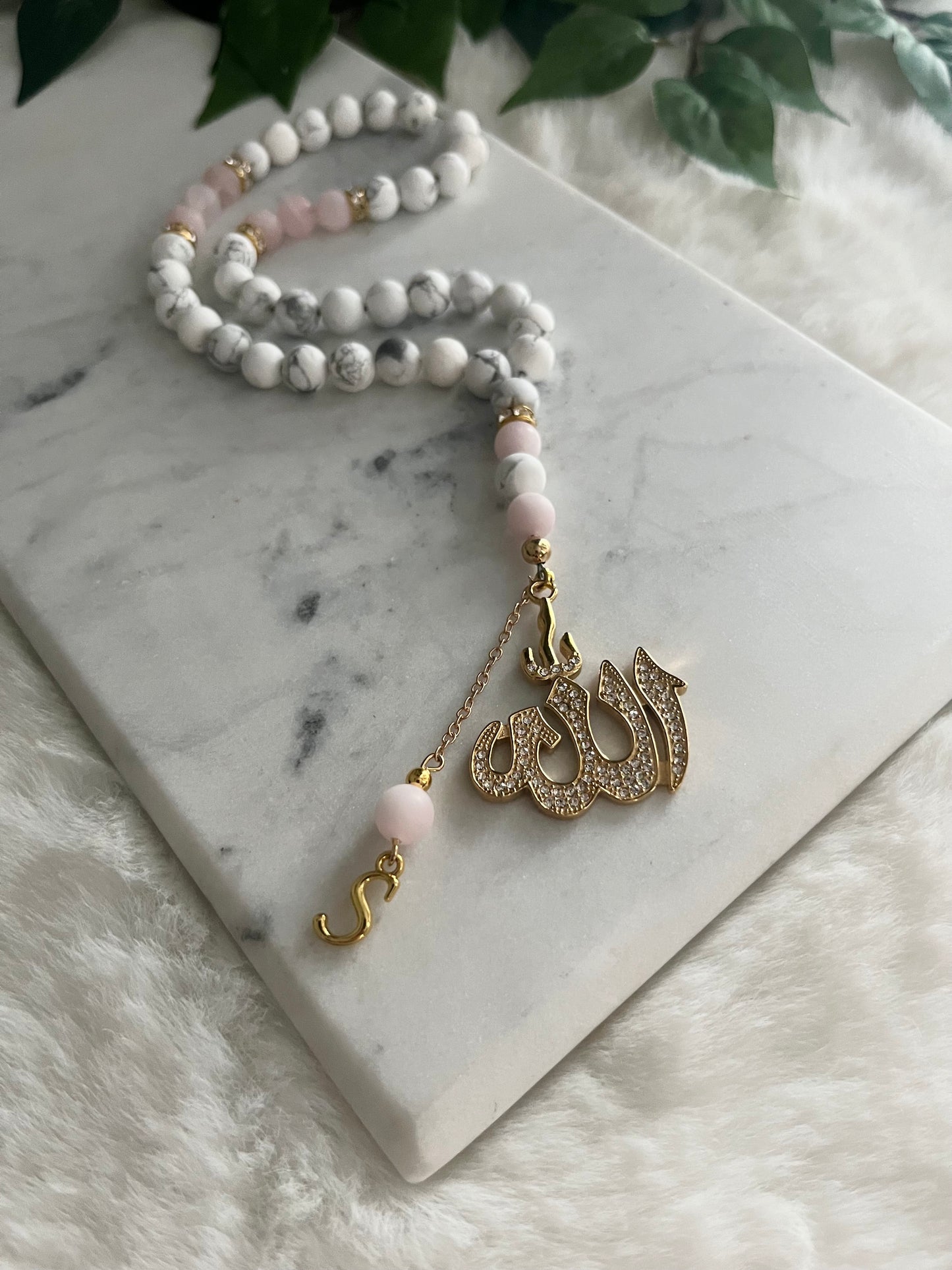 Tasbih - 33 Beads Handheld - Howlite & Rose Quartz - Allah & Letter