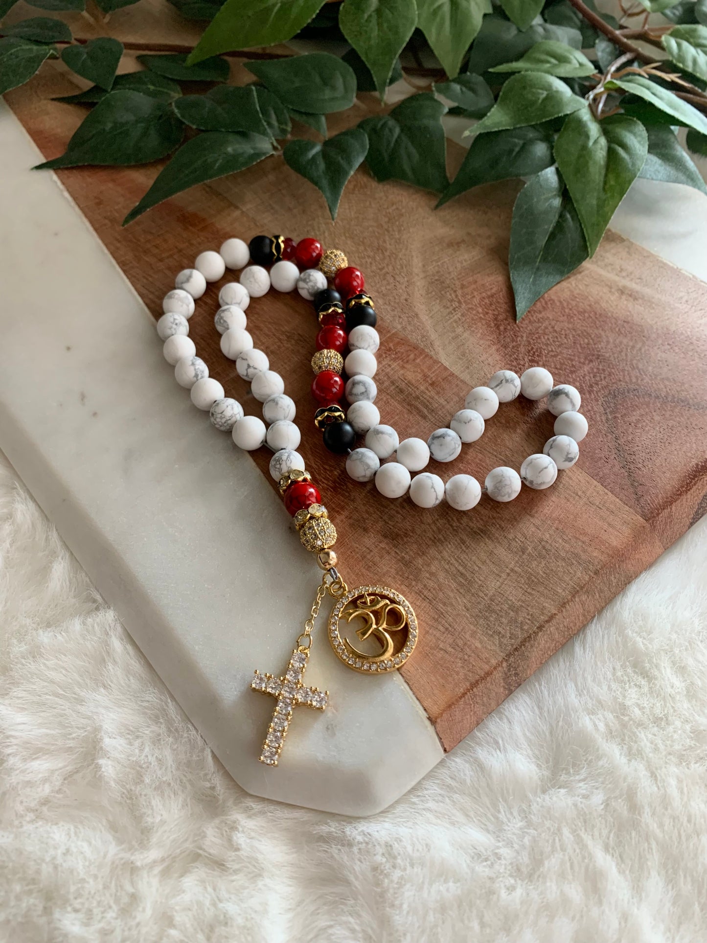 Rosary - 50 Beads - Howlite, Red & Black - Gold Diamond Cross & Om
