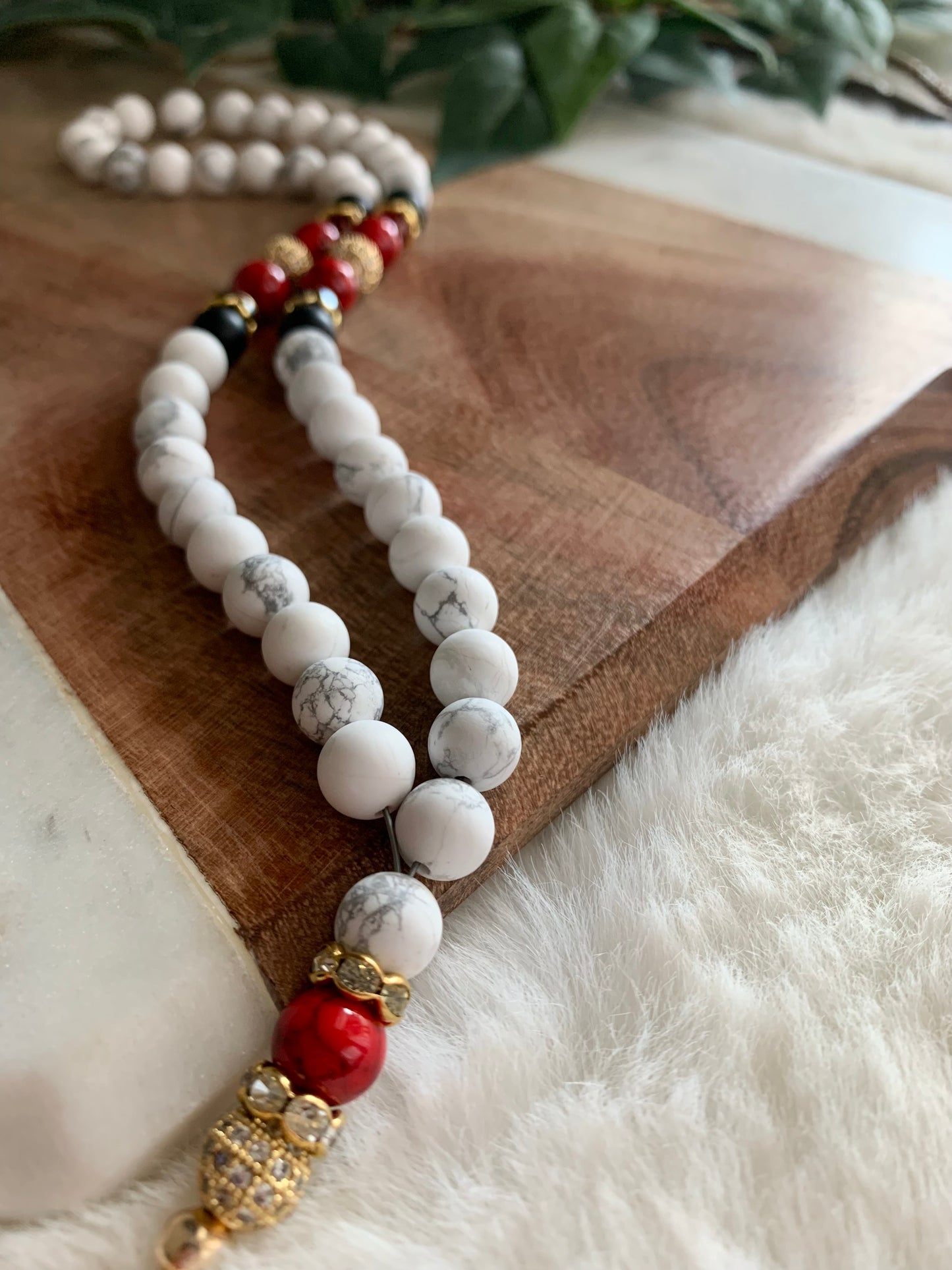 Rosary - 50 Beads - Howlite, Red & Black - Gold Diamond Cross & Om