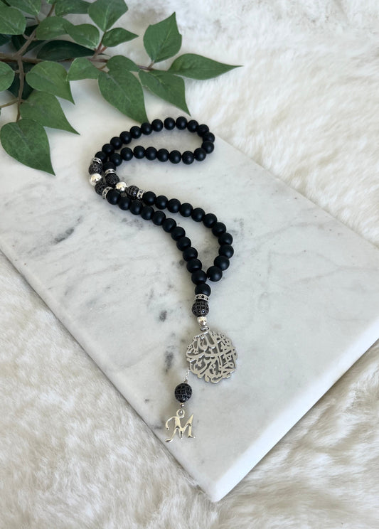 Tasbih - 50 Beads - Matte black - Al-Muhsinoon Pendant & Letter
