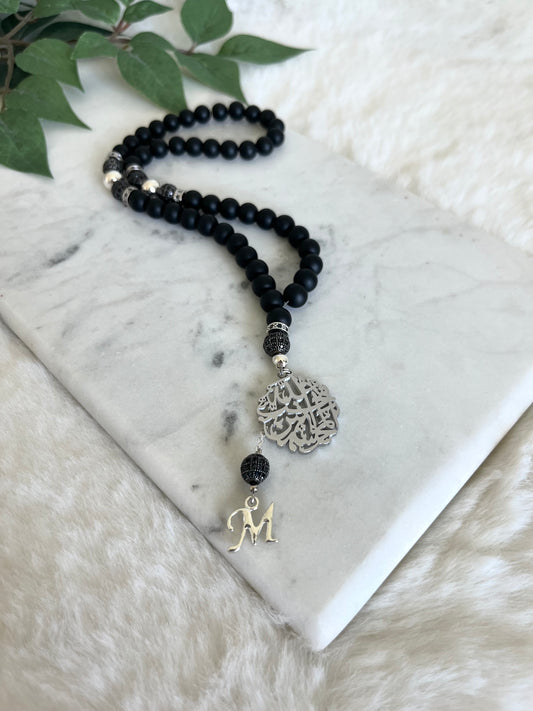 Tasbih - 50 Beads - Matte black - Al-Muhsinoon Pendant & Letter