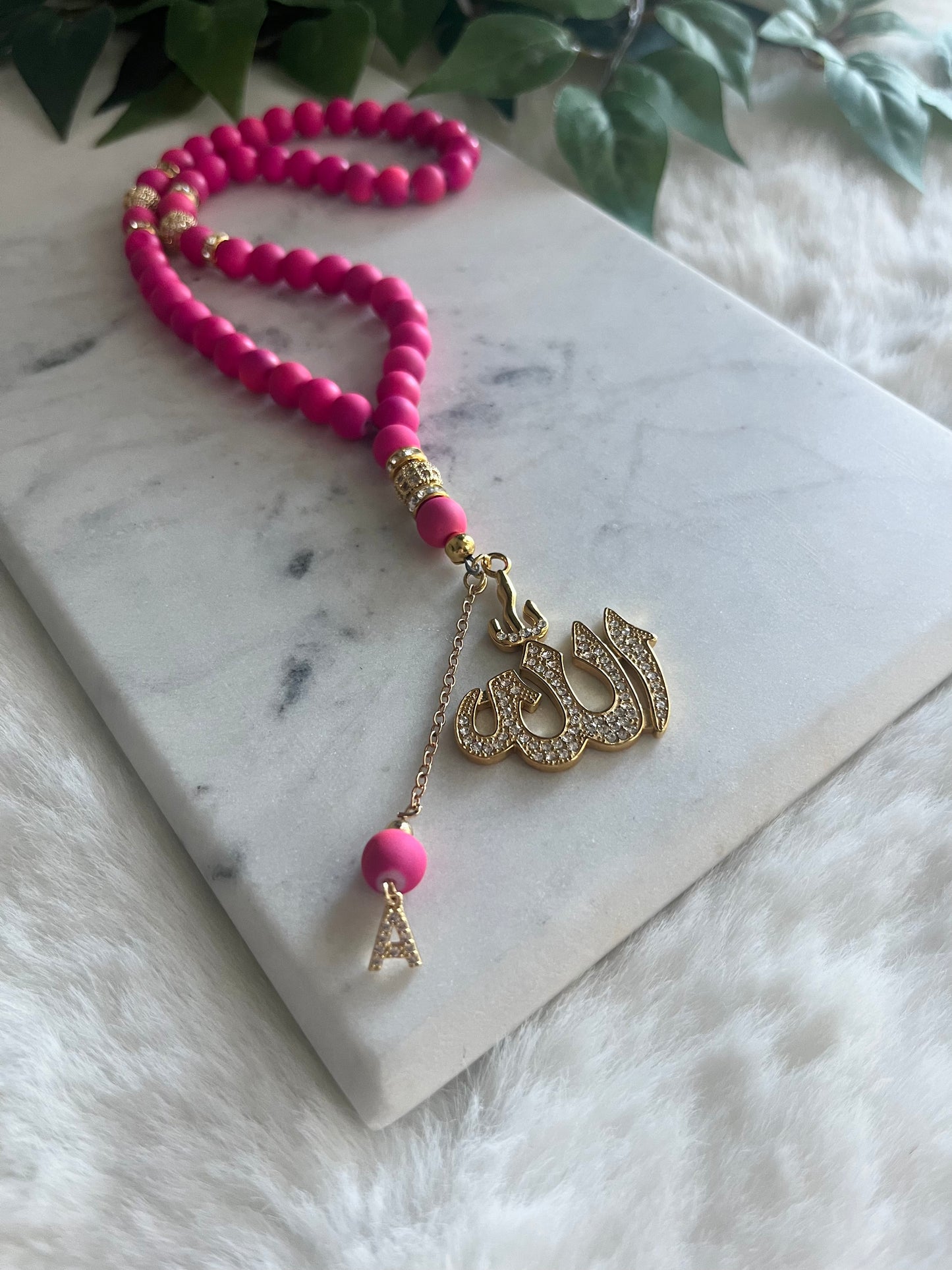 Tasbih - 50 Beads - Matte Hot Pink & Gold - Allah Pendant & Letter