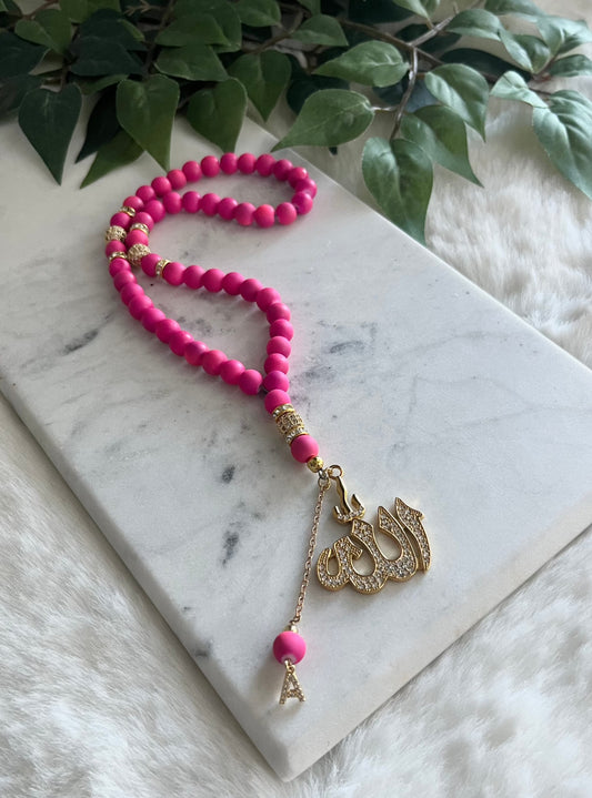 Tasbih - 50 Beads - Matte Hot Pink & Gold - Allah Pendant & Letter