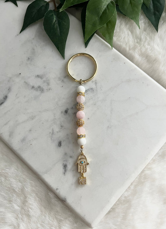 Matte White & Rose Quartz - Hamsa Hand & Letter Keychain