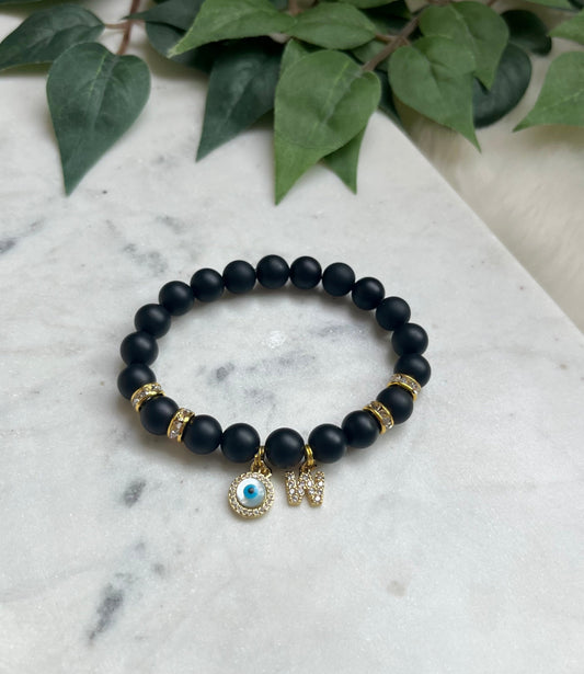 Matte Black & Gold Evil Eye & Letter Bracelet