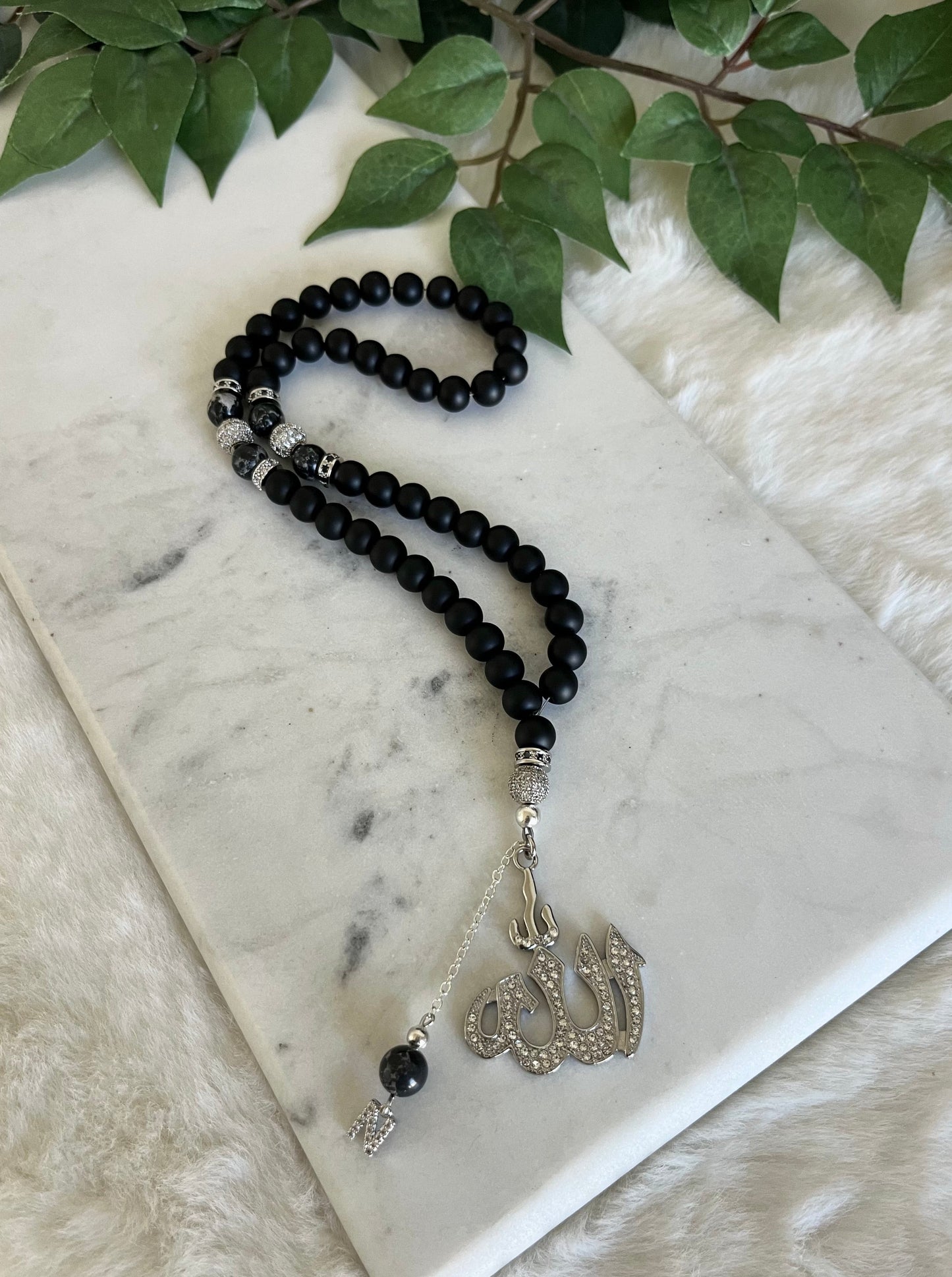 Tasbih - 50 Beads - Matte Black & Jasper - Allah Pendant & Letter