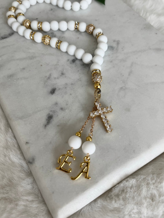 Rosary - 50 Beads - Matte White - Gold Diamond Cross & Letters